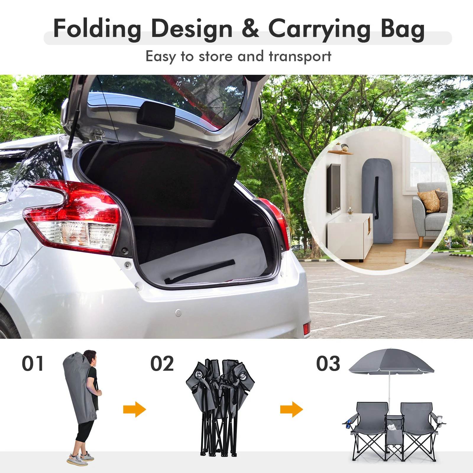 Portable Folding Picnic Double Chair With Umbrella, Gray - Image 10