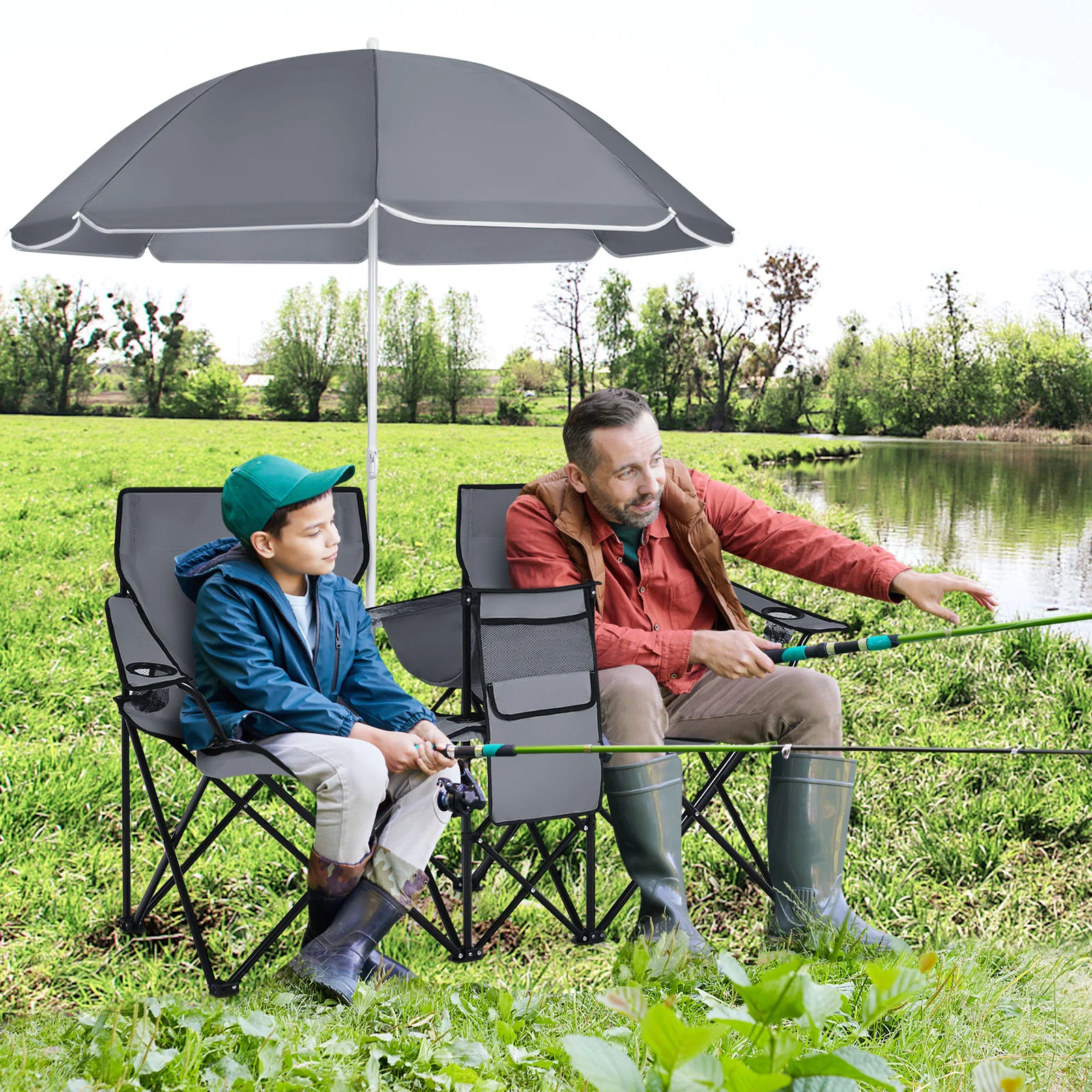 Portable Folding Picnic Double Chair With Umbrella, Gray - Image 2