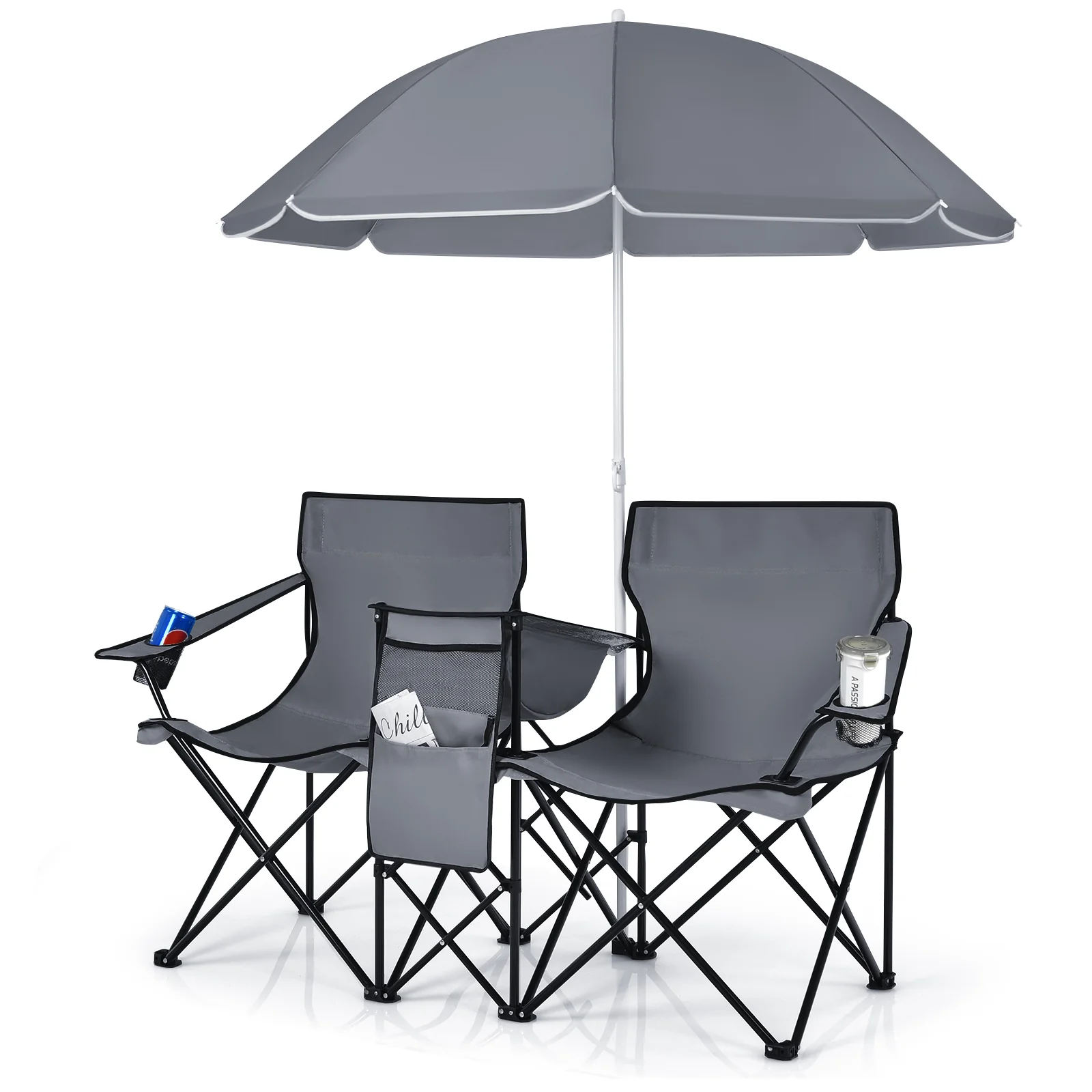 Portable Folding Picnic Double Chair With Umbrella, Gray - Image 4