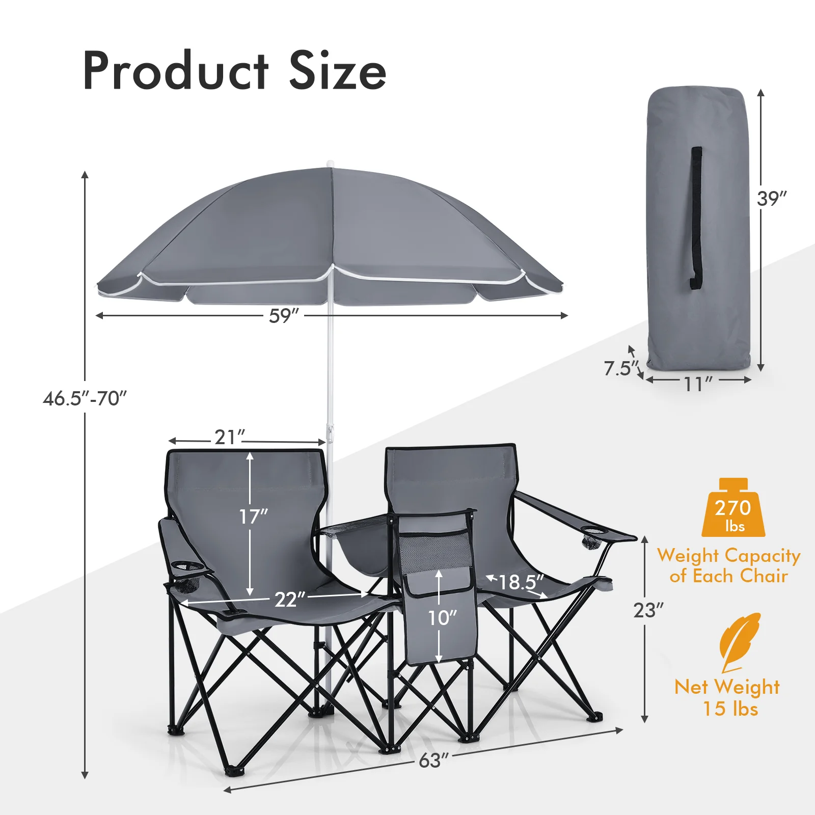 Portable Folding Picnic Double Chair With Umbrella, Gray - Image 5