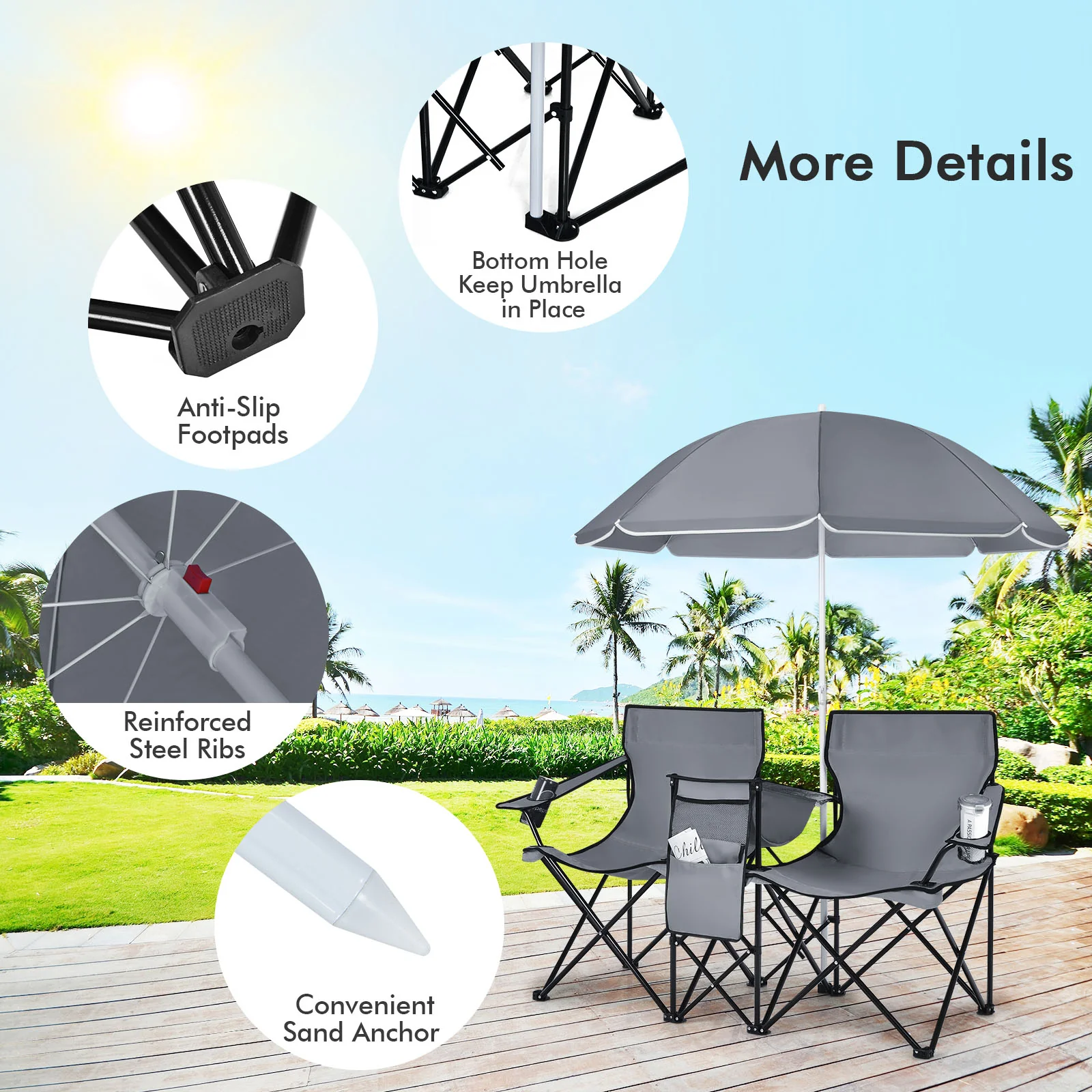Portable Folding Picnic Double Chair With Umbrella, Gray - Image 6