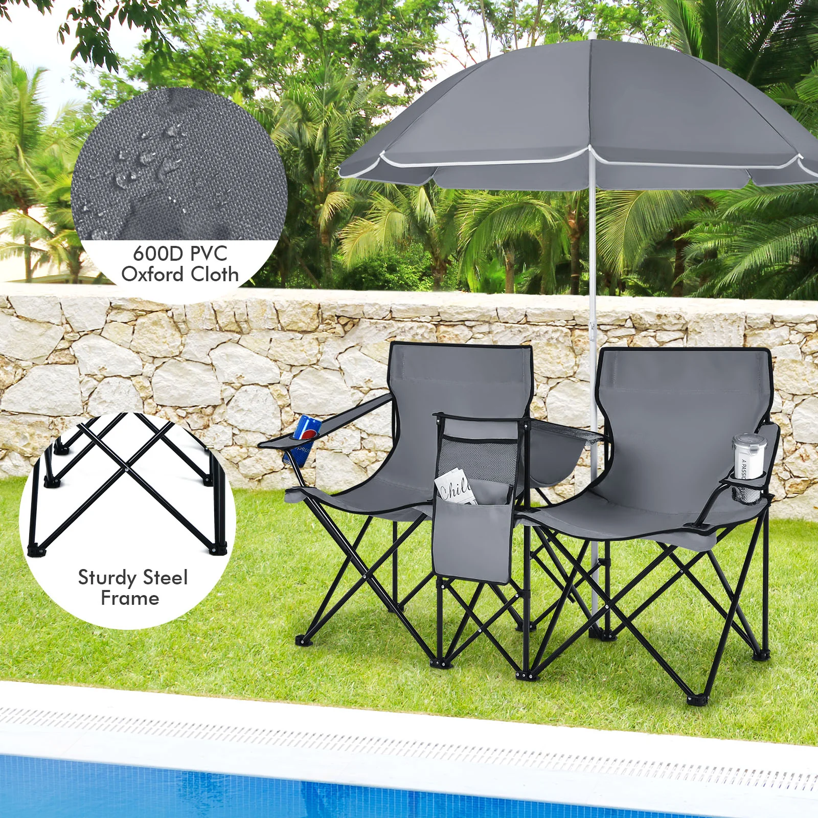 Portable Folding Picnic Double Chair With Umbrella, Gray - Image 7