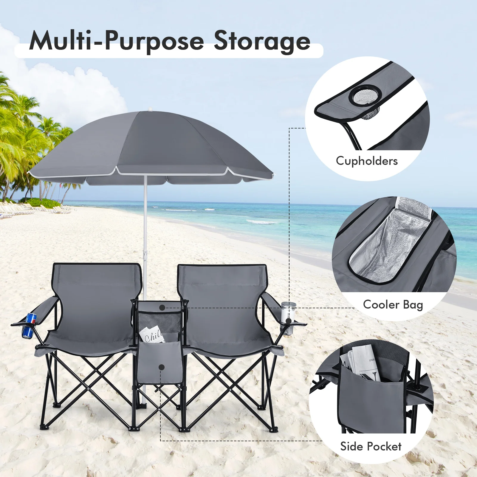 Portable Folding Picnic Double Chair With Umbrella, Gray - Image 8