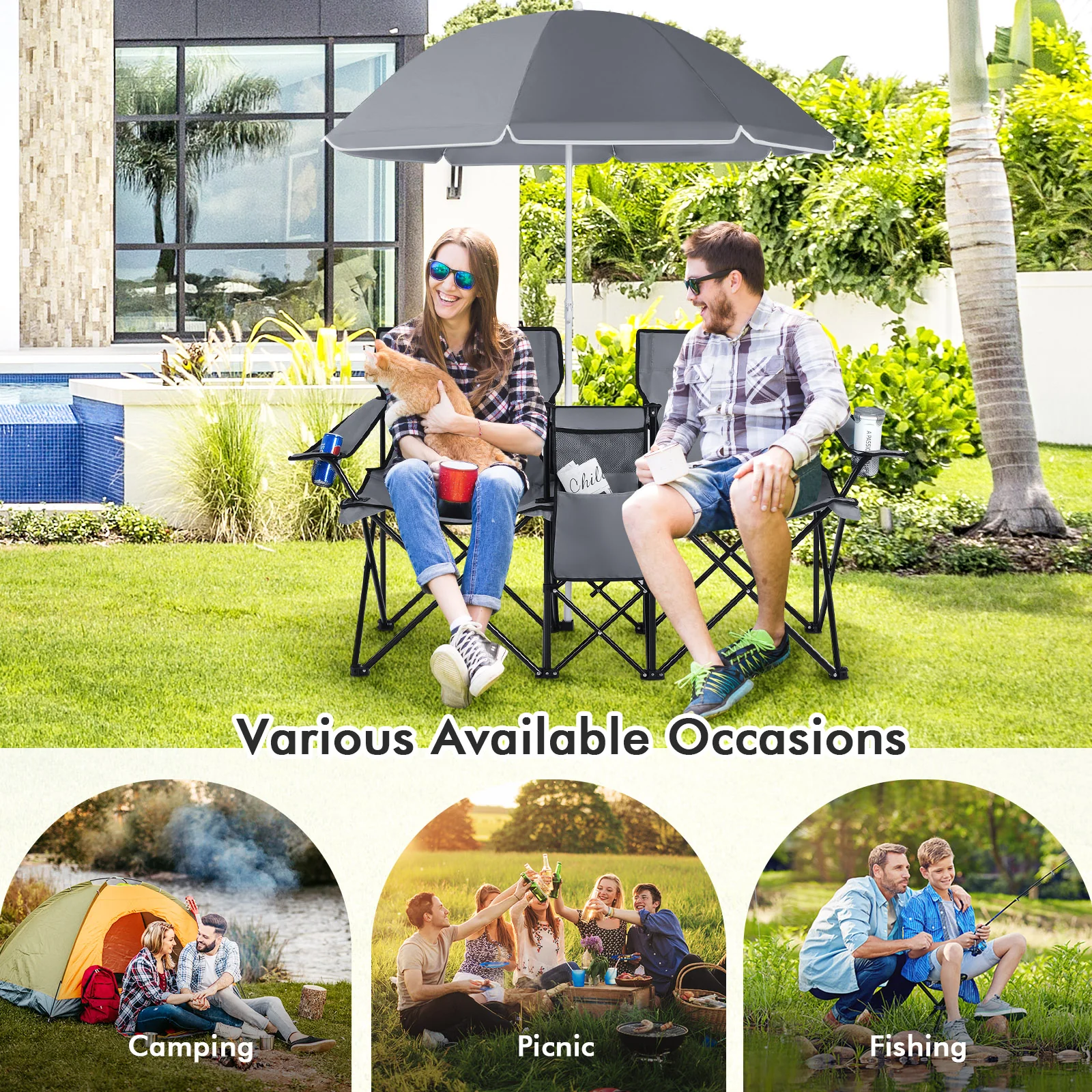 Portable Folding Picnic Double Chair With Umbrella, Gray - Image 9