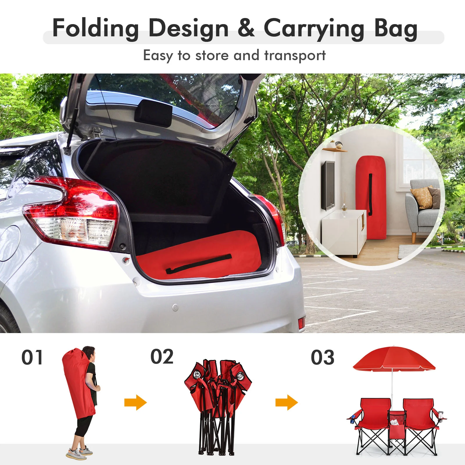 Portable Folding Picnic Double Chair With Umbrella, Red - Image 10