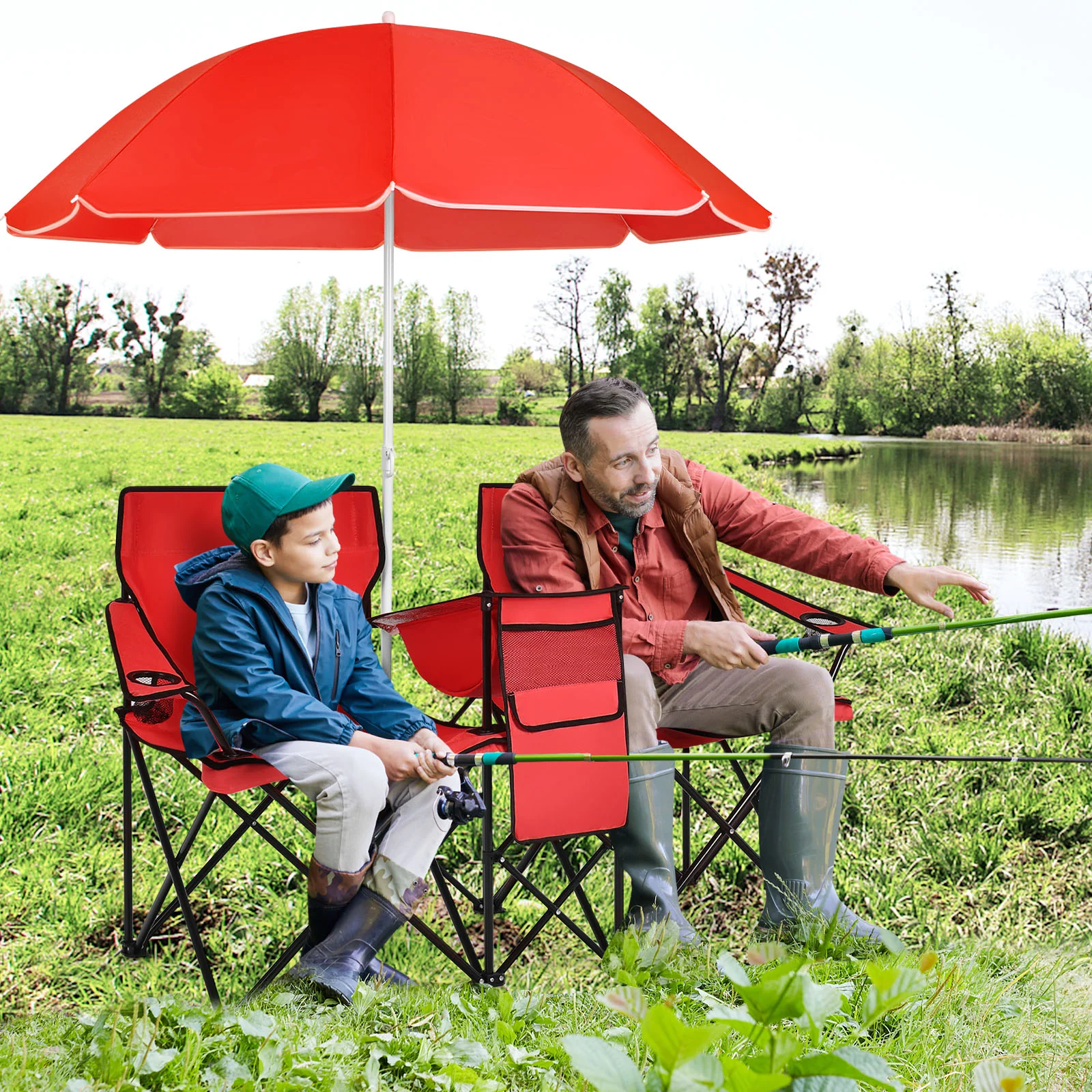 Portable Folding Picnic Double Chair With Umbrella, Red - Image 2
