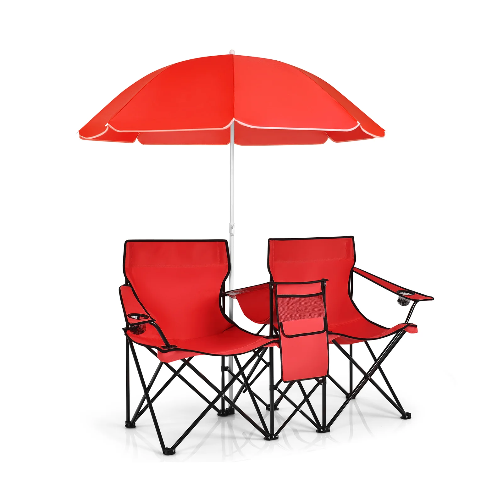 Portable Folding Picnic Double Chair With Umbrella, Red - Image 3