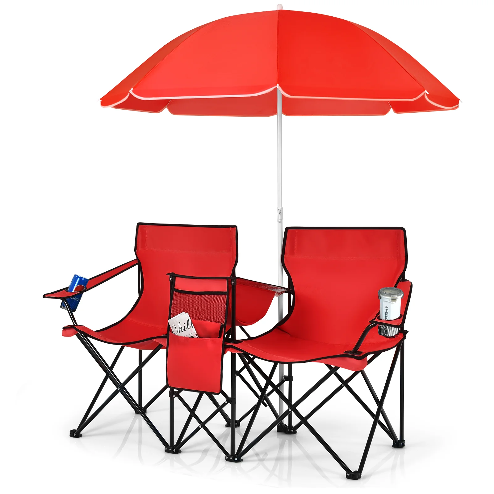 Portable Folding Picnic Double Chair With Umbrella, Red - Image 4