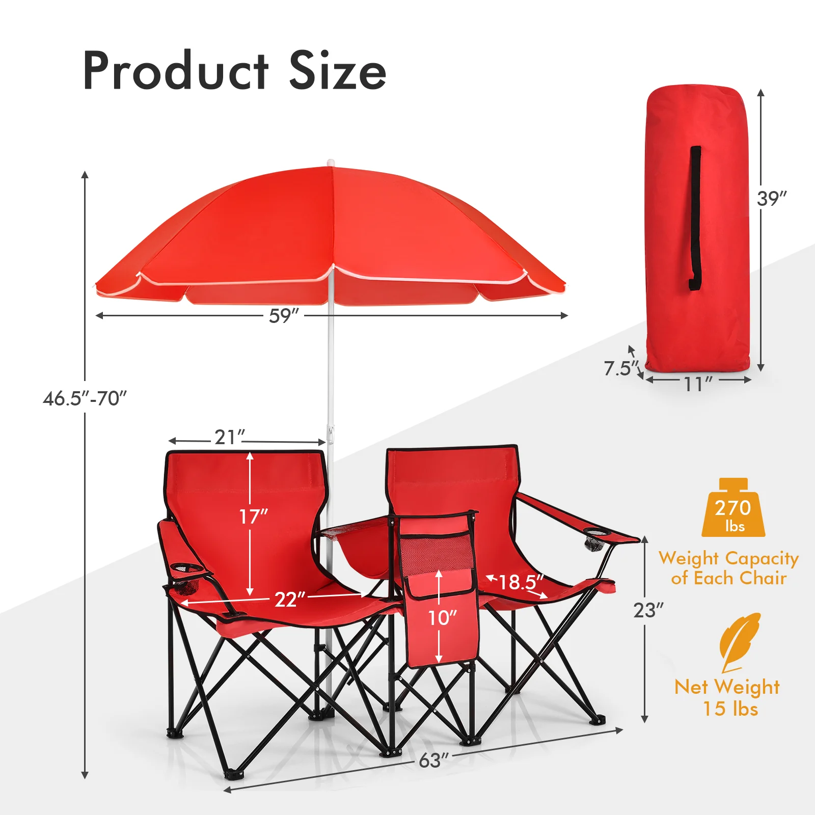 Portable Folding Picnic Double Chair With Umbrella, Red - Image 5