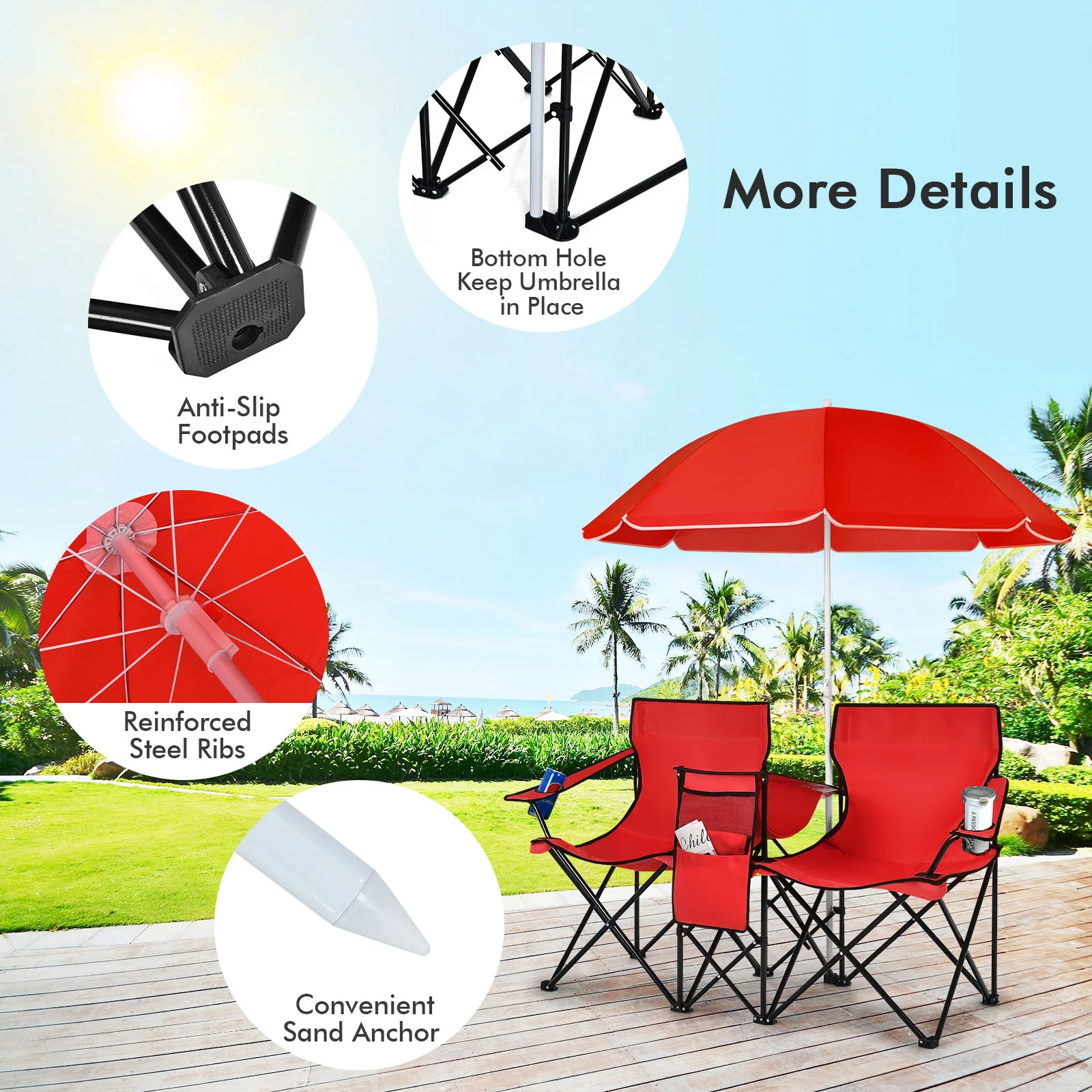 Portable Folding Picnic Double Chair With Umbrella, Red - Image 6