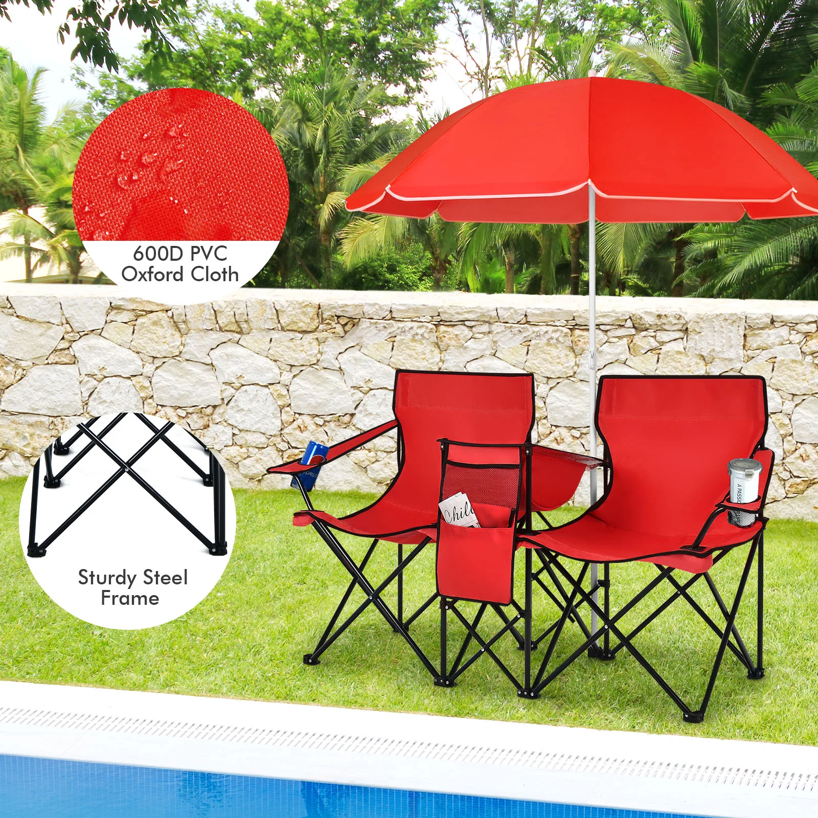 Portable Folding Picnic Double Chair With Umbrella, Red - Image 7