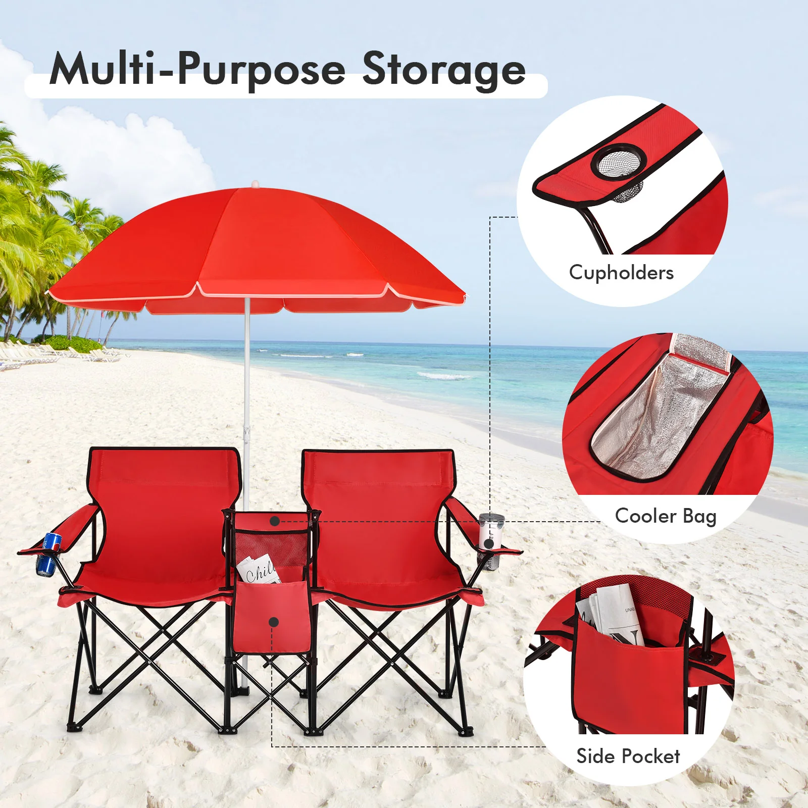 Portable Folding Picnic Double Chair With Umbrella, Red - Image 8