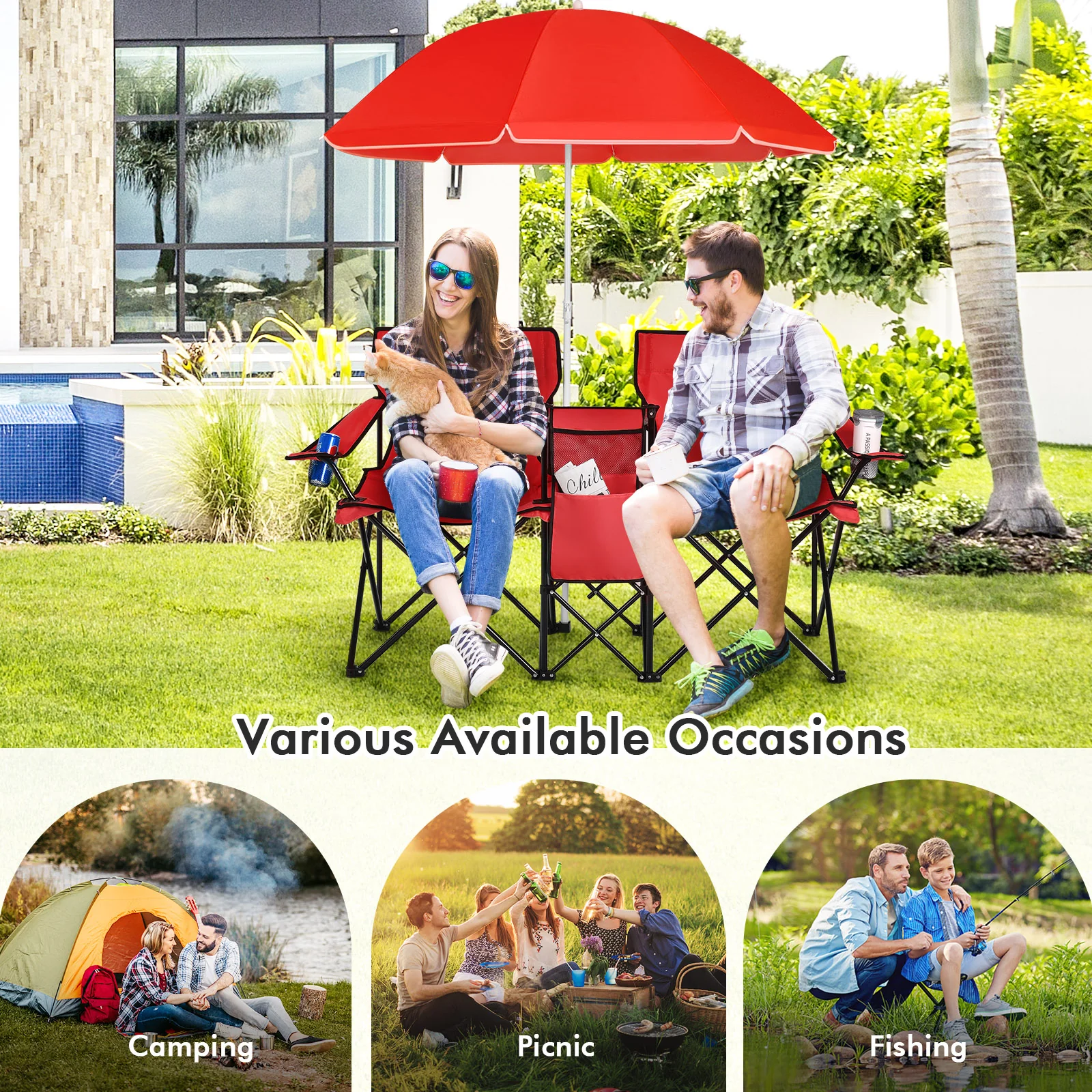 Portable Folding Picnic Double Chair With Umbrella, Red - Image 9