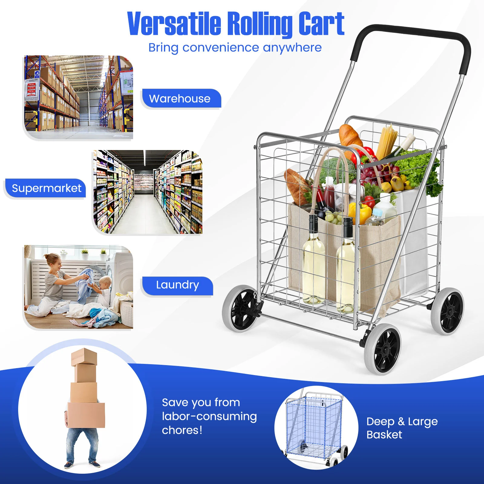 Portable Folding Shopping Cart, Silver - Image 7