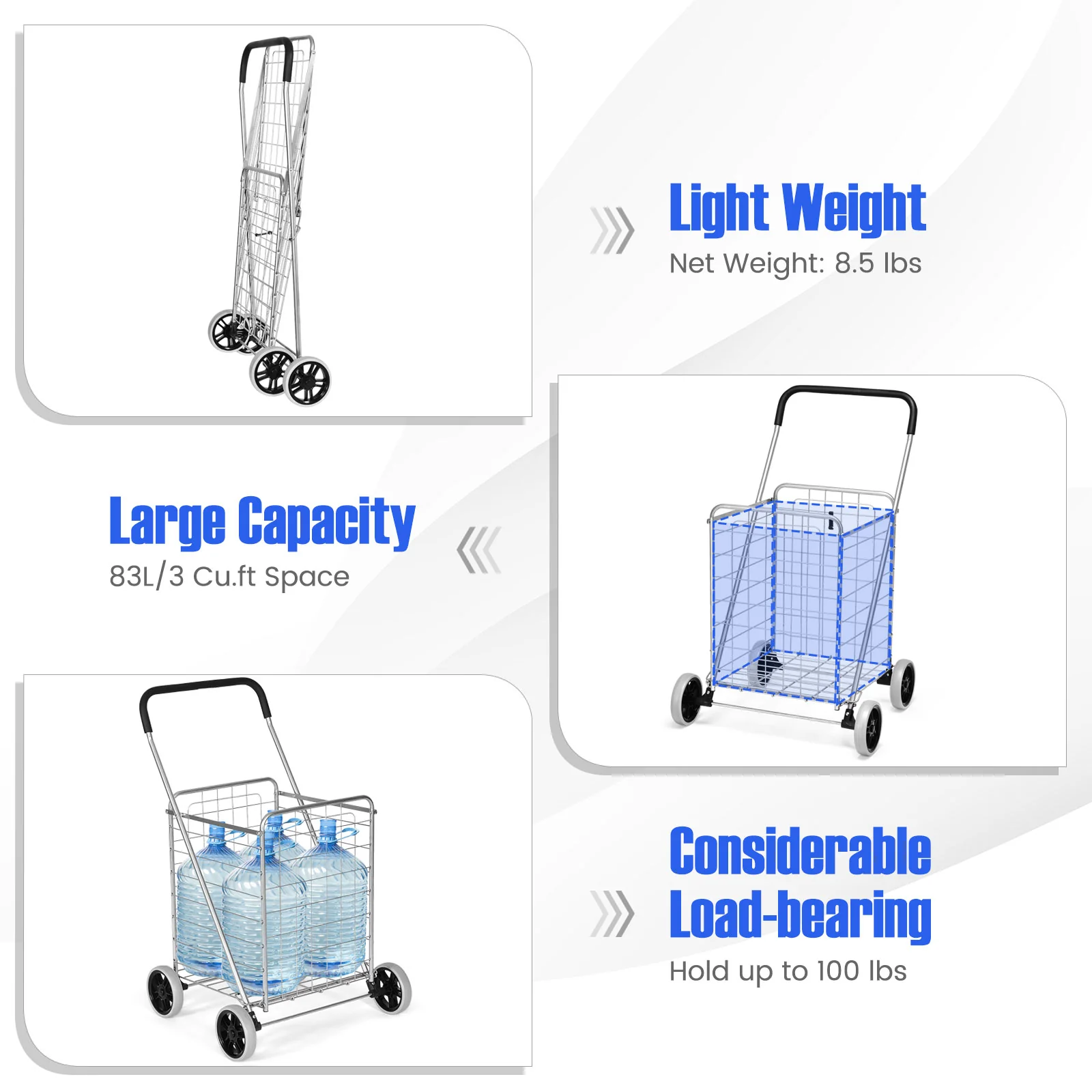 Portable Folding Shopping Cart, Silver - Image 9
