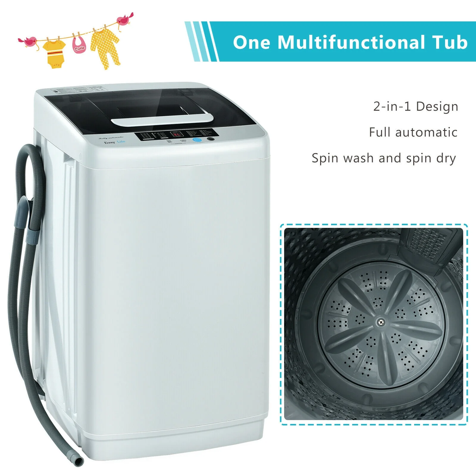 Portable Full-Automatic Laundry Washing Machine, 8.8 lbs, With Drain Pump - Image 8