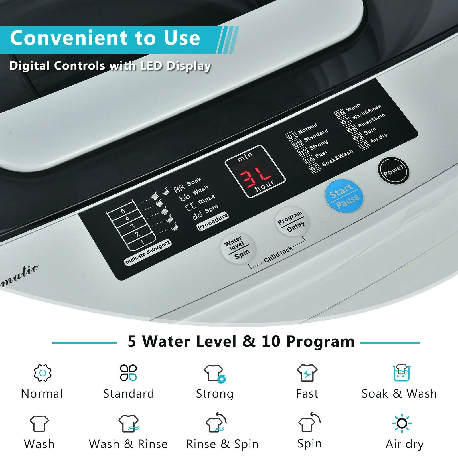 Portable Full-Automatic Laundry Washing Machine, 8.8 lbs, With Drain Pump - Image 9
