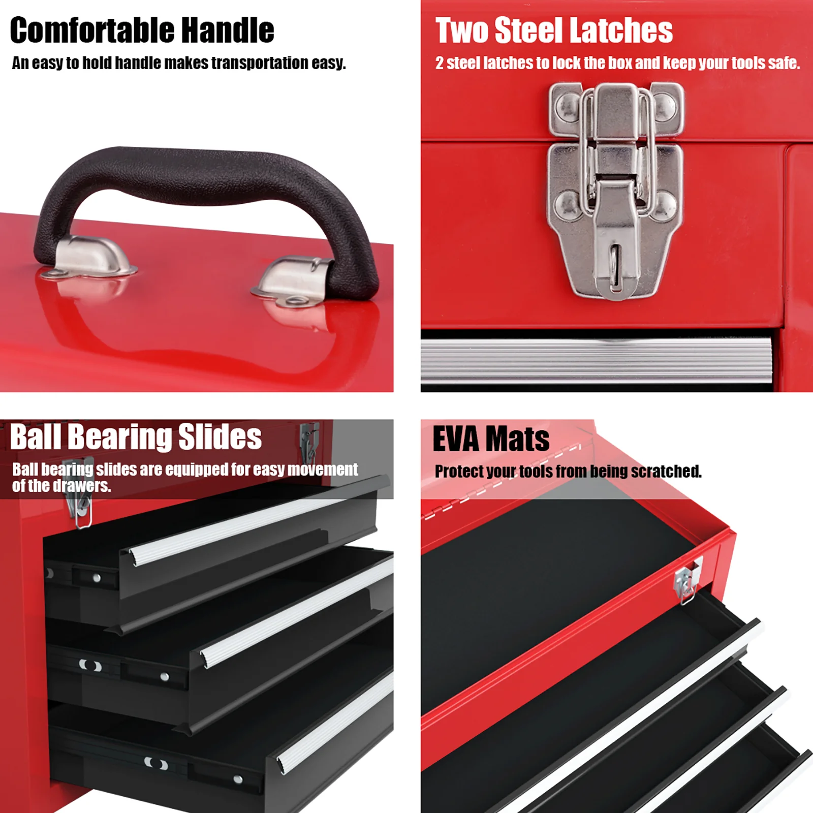 Portable Garage Tool Cabinet, 3 Drawers, Black Red - Image 10
