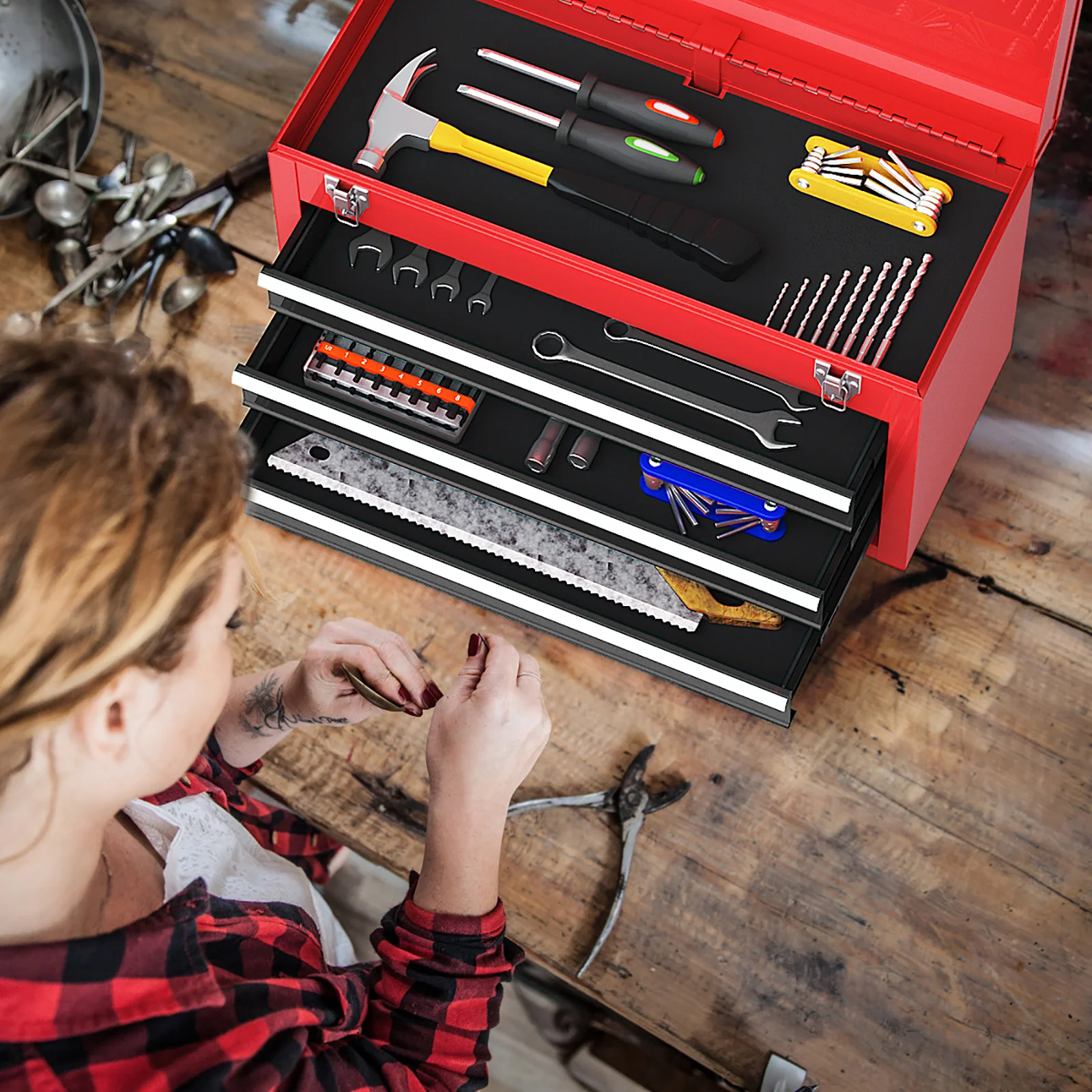 Portable Garage Tool Cabinet, 3 Drawers, Black Red - Image 2