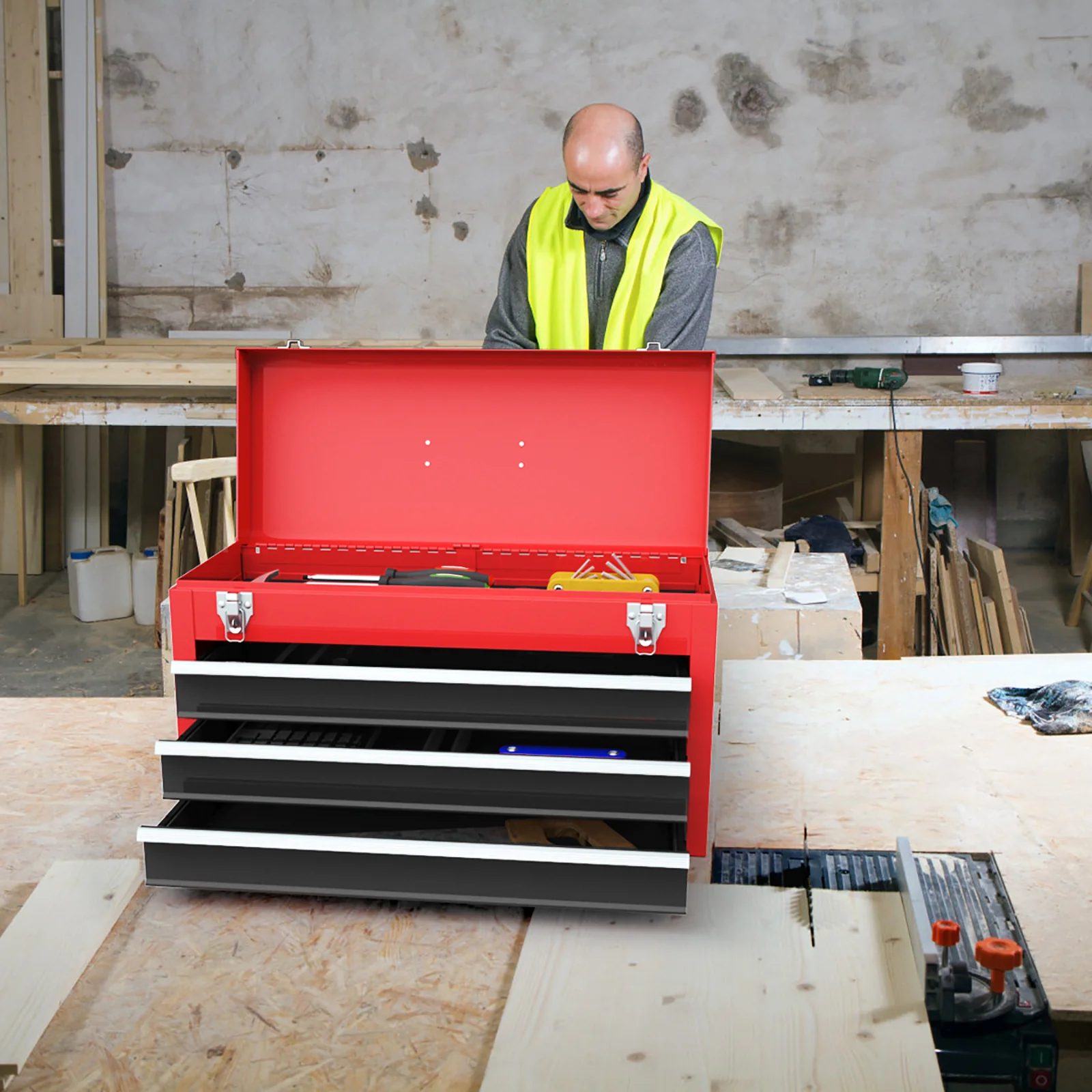 Portable Garage Tool Cabinet, 3 Drawers, Black Red - Image 3