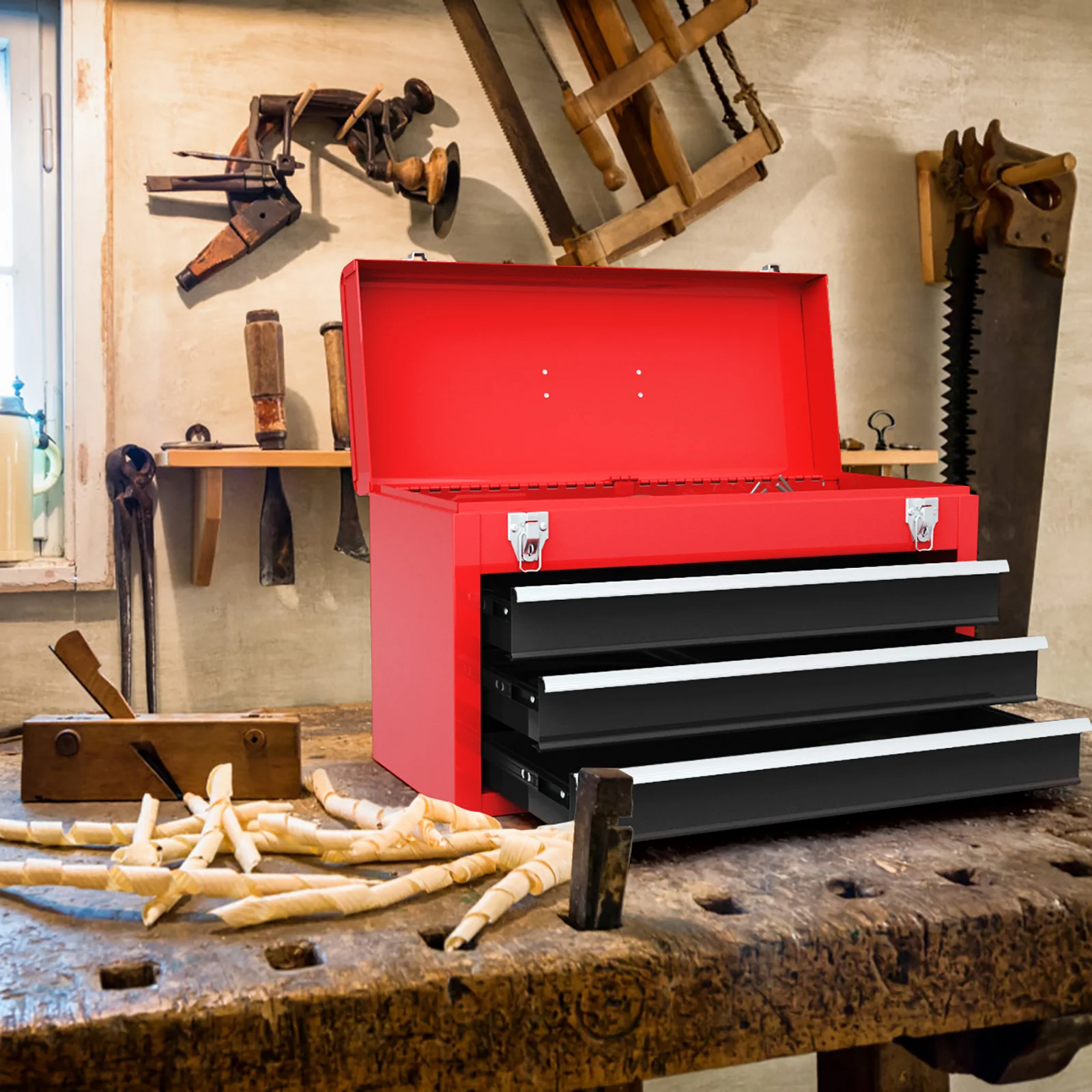 Portable Garage Tool Cabinet, 3 Drawers, Black Red - Image 7