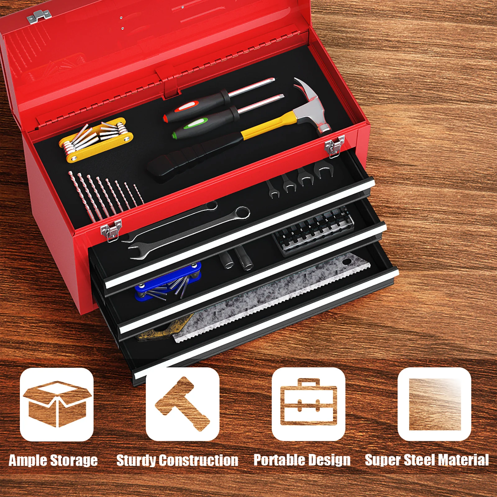 Portable Garage Tool Cabinet, 3 Drawers, Black Red - Image 8