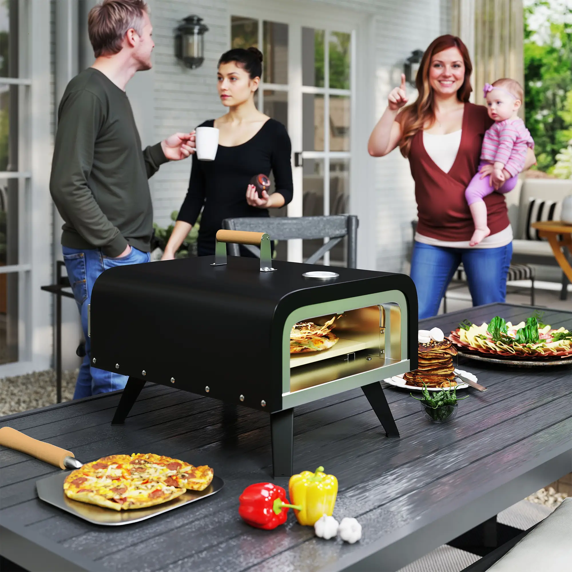 Portable Gas Pizza Oven, 12" Stone, Thermometer, Foldable Legs, Black - Image 2
