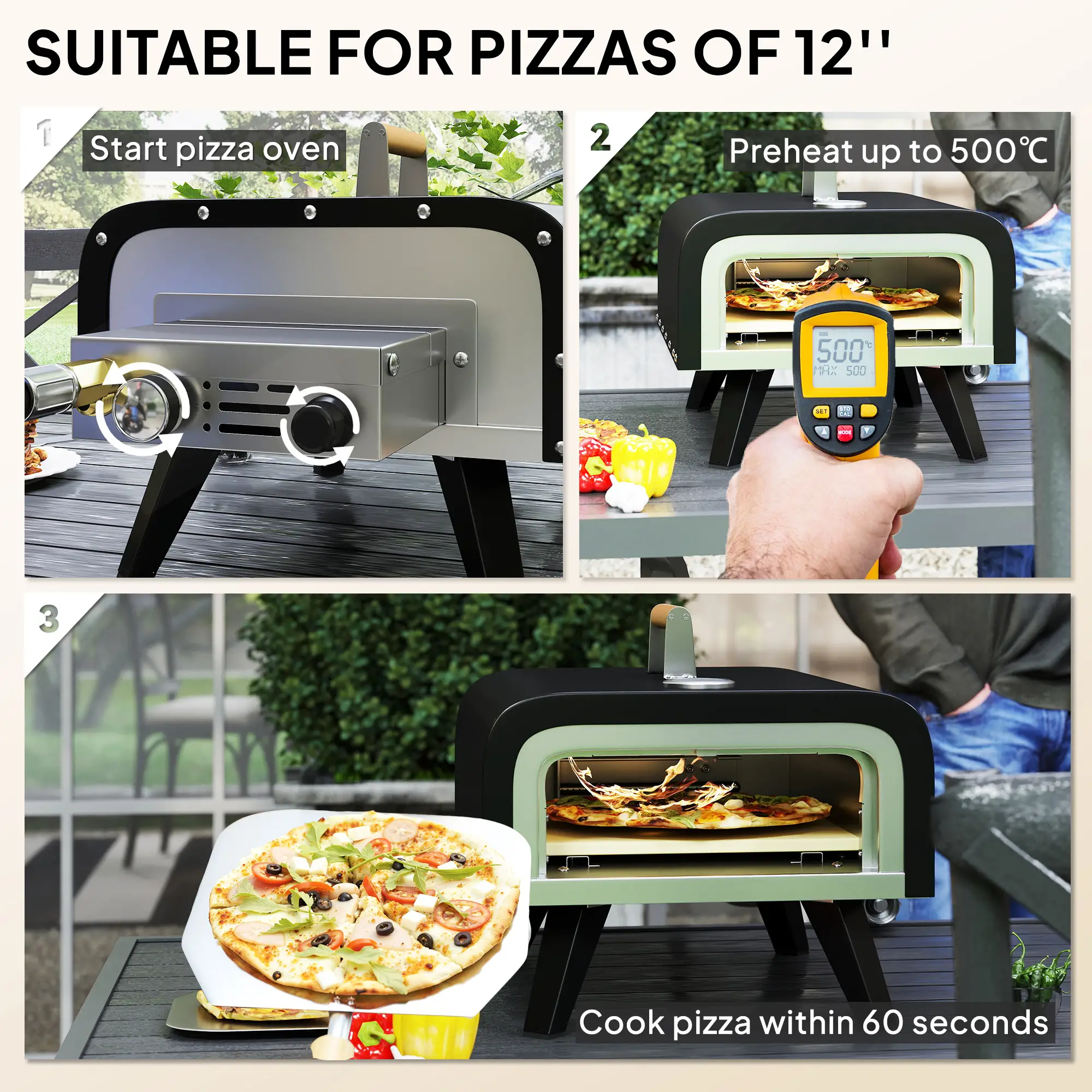 Portable Gas Pizza Oven, 12" Stone, Thermometer, Foldable Legs, Black - Image 4