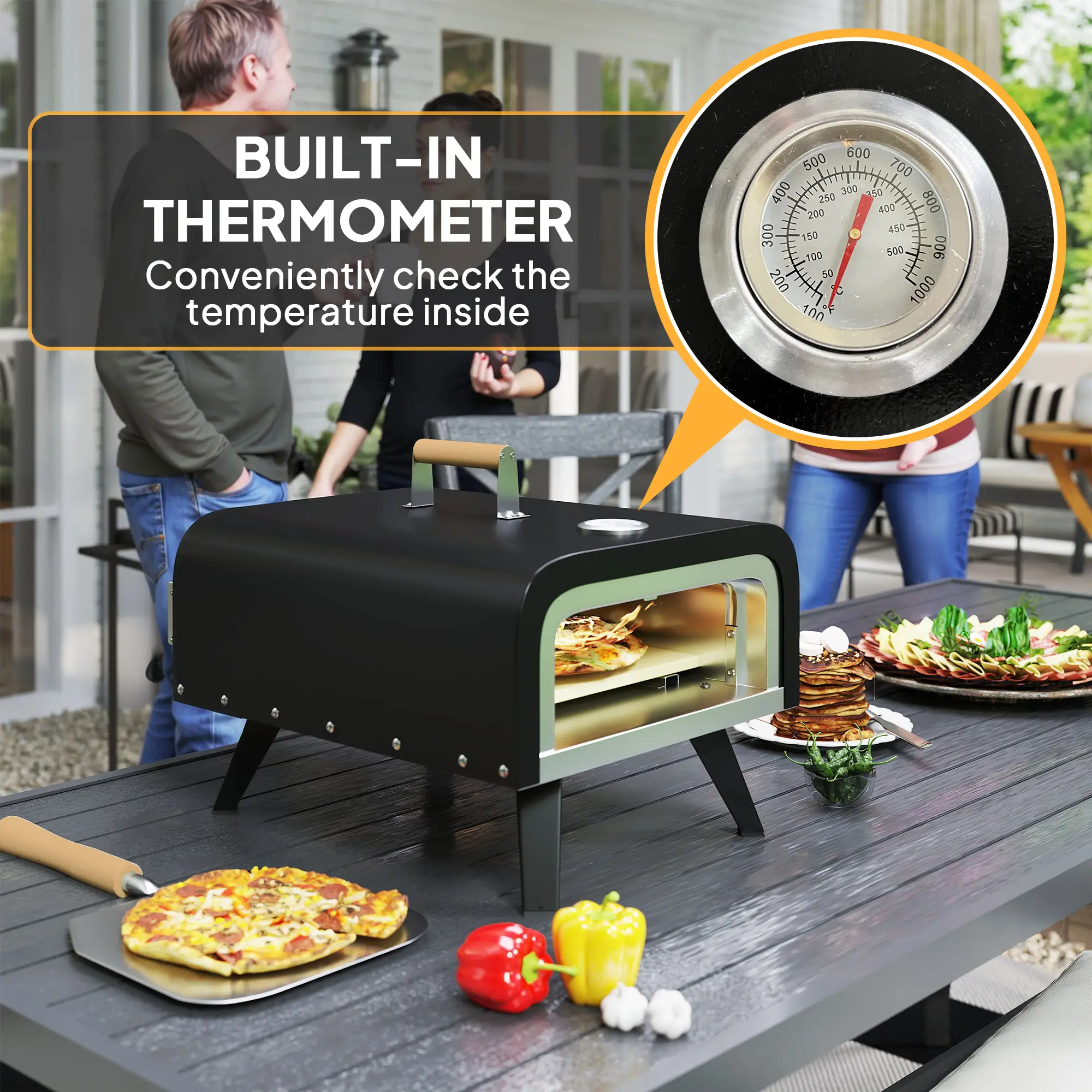 Portable Gas Pizza Oven, 12" Stone, Thermometer, Foldable Legs, Black - Image 6