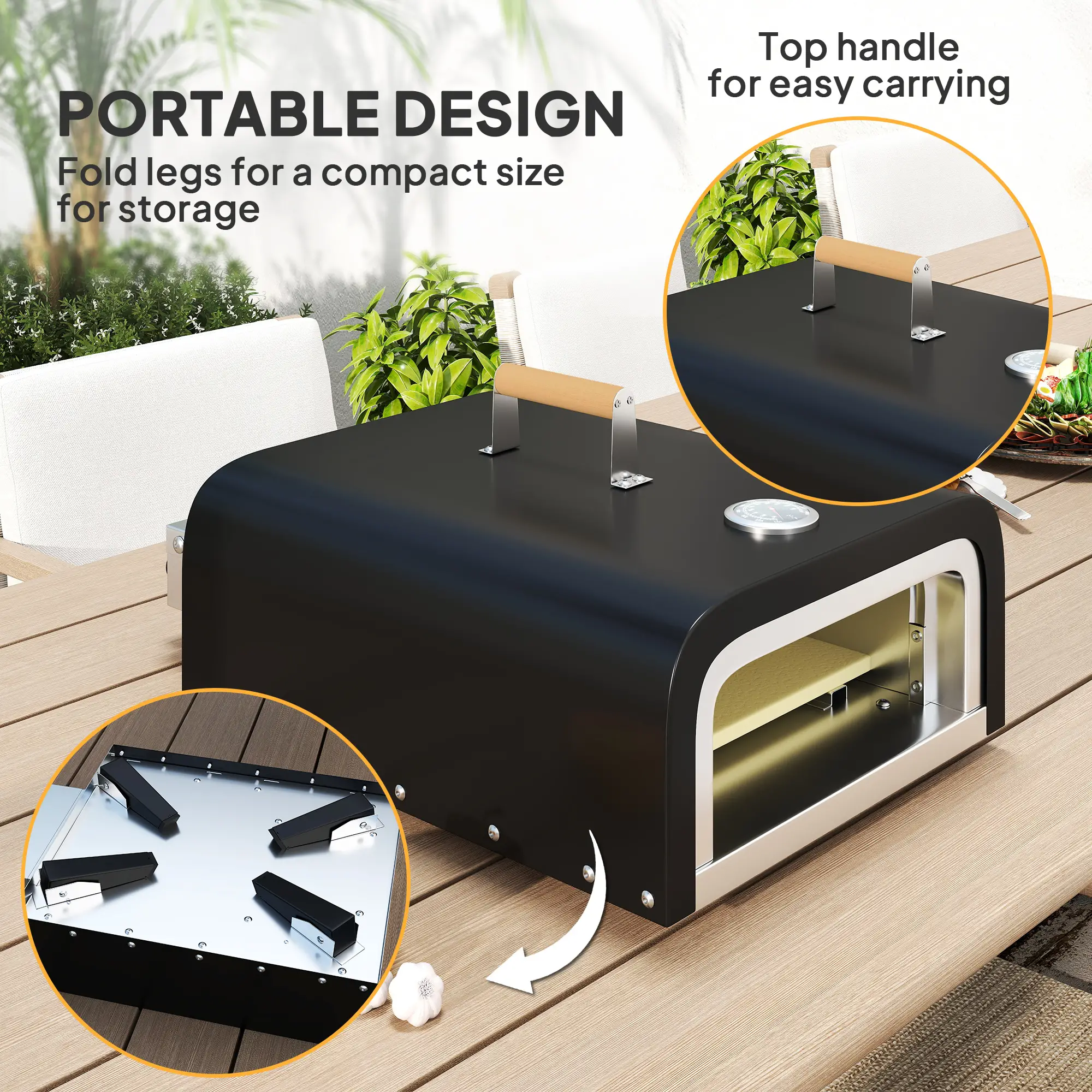 Portable Gas Pizza Oven, 12" Stone, Thermometer, Foldable Legs, Black - Image 7