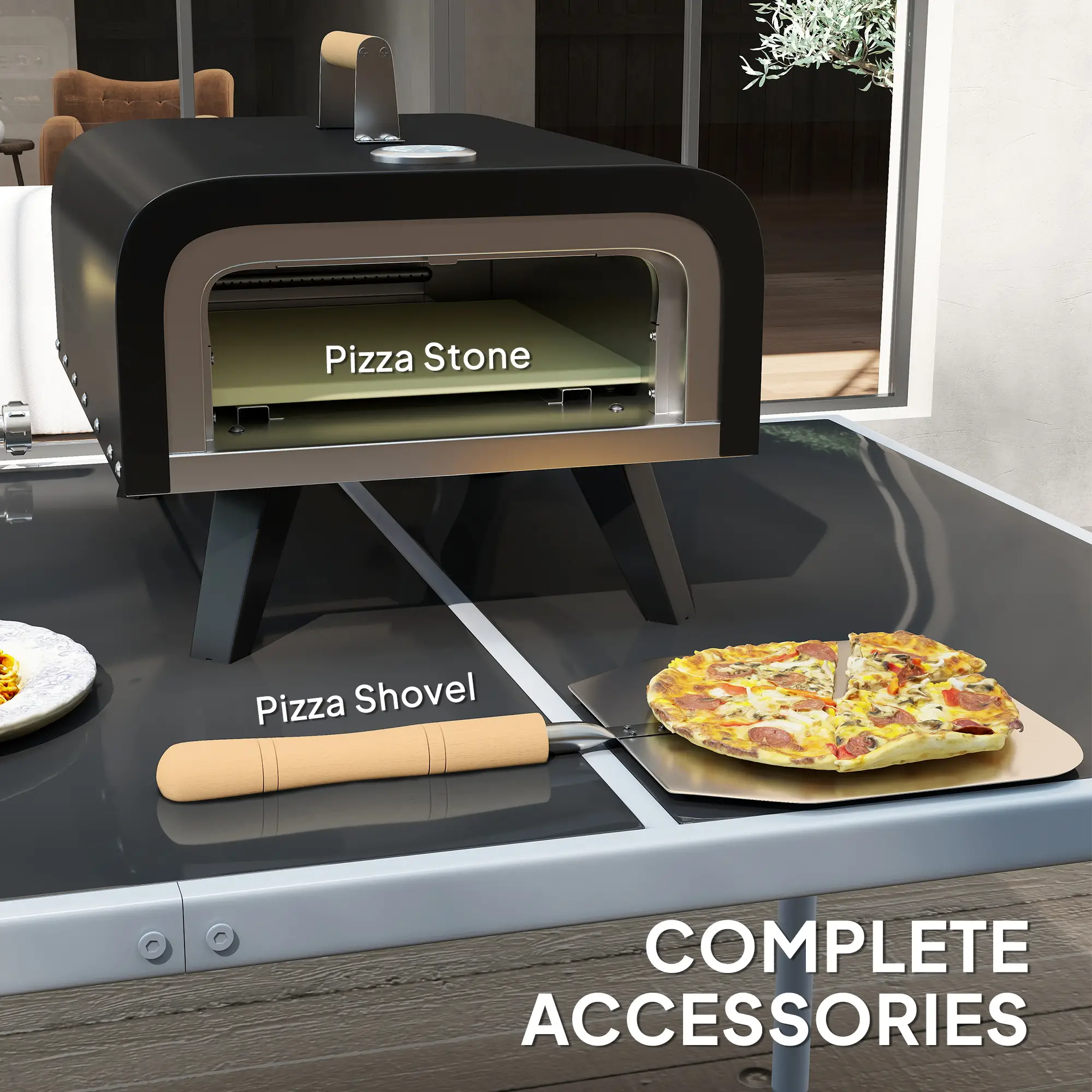 Portable Gas Pizza Oven, 12" Stone, Thermometer, Foldable Legs, Black - Image 9