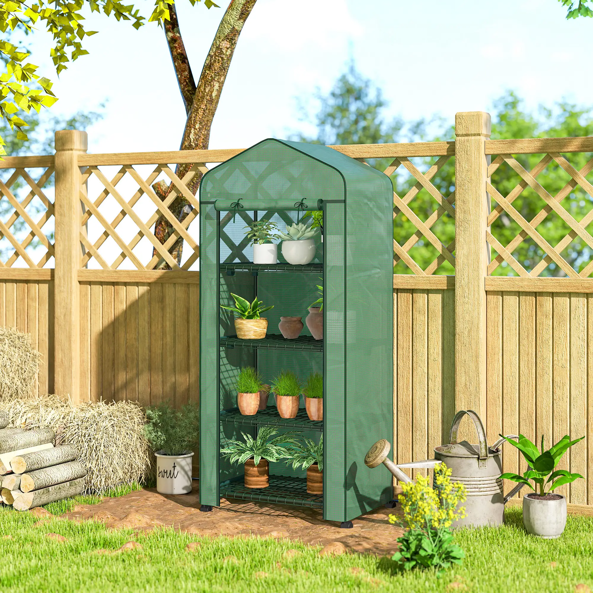 Portable Greenhouse, 4 Tier Shelves, PE Cover, Green - Image 10