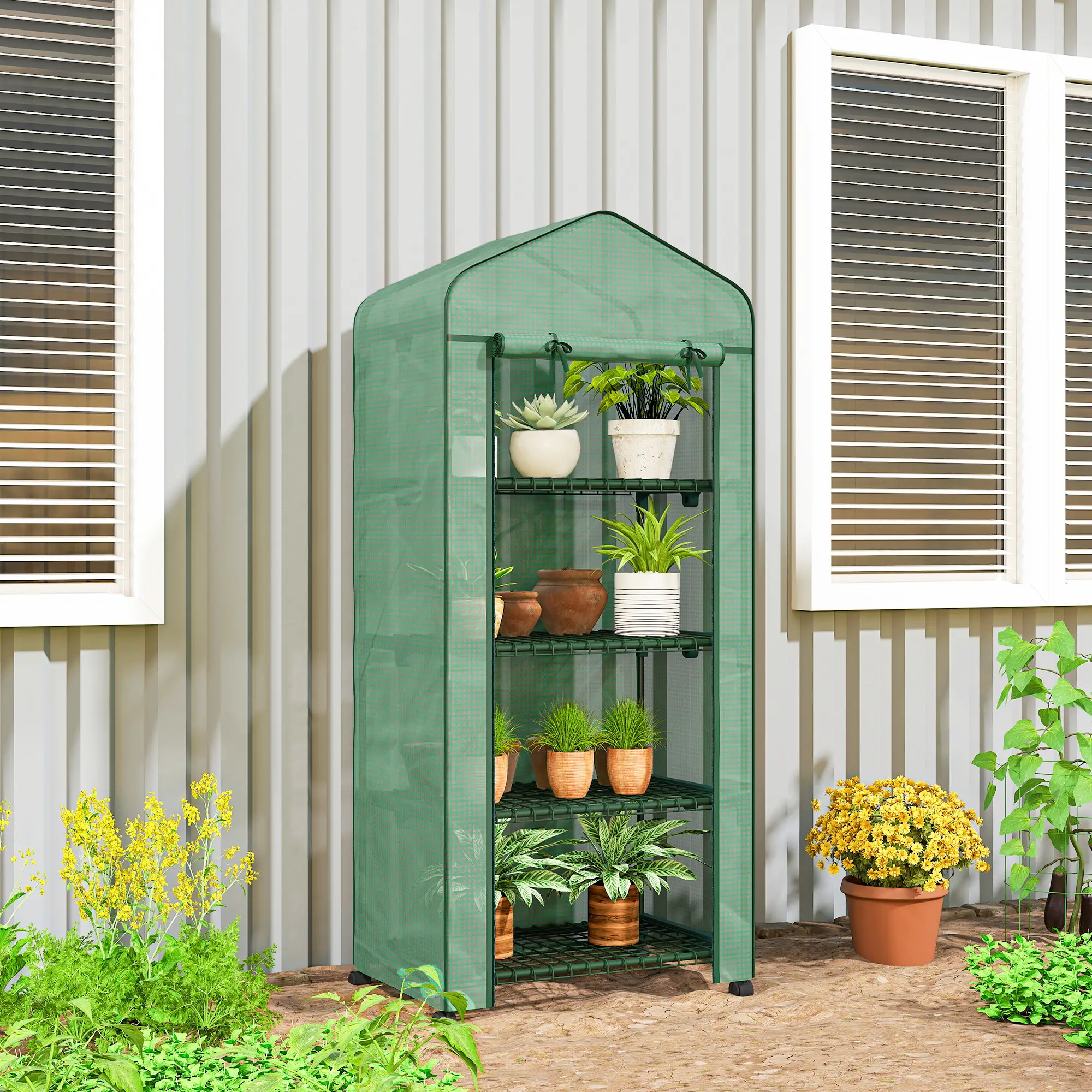 Portable Greenhouse, 4 Tier Shelves, PE Cover, Green - Image 2