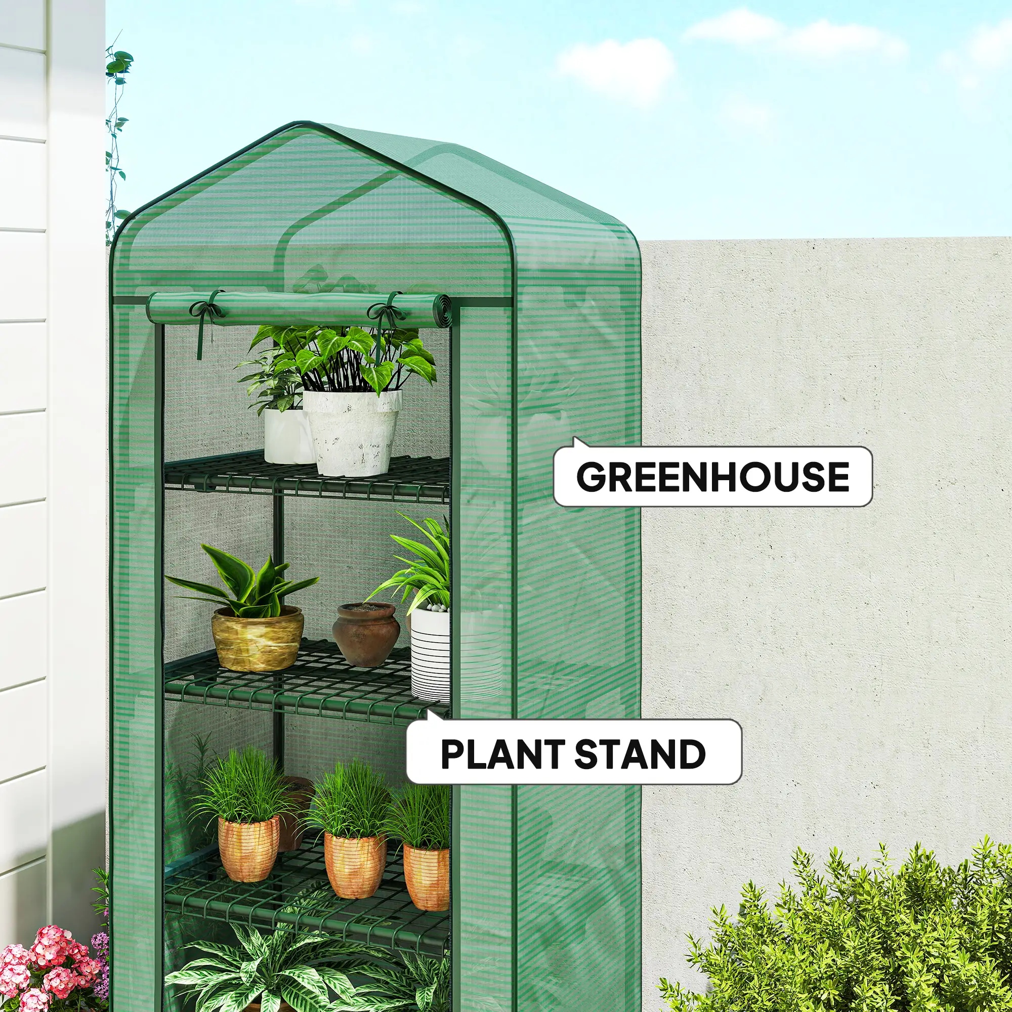 Portable Greenhouse, 4 Tier Shelves, PE Cover, Green - Image 5
