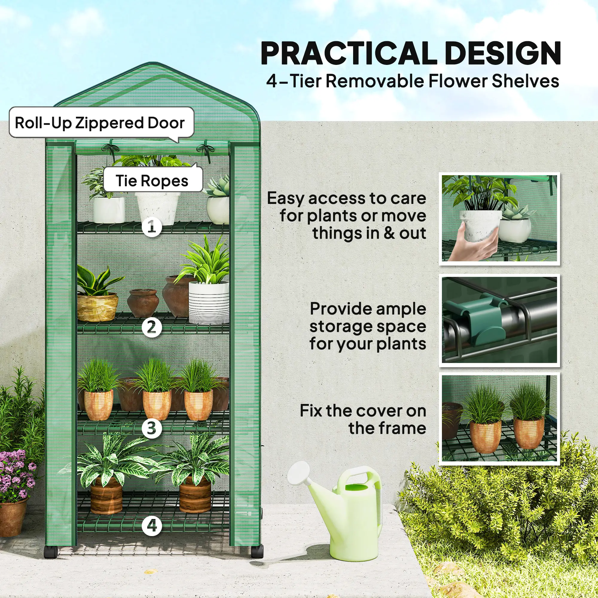 Portable Greenhouse, 4 Tier Shelves, PE Cover, Green - Image 6