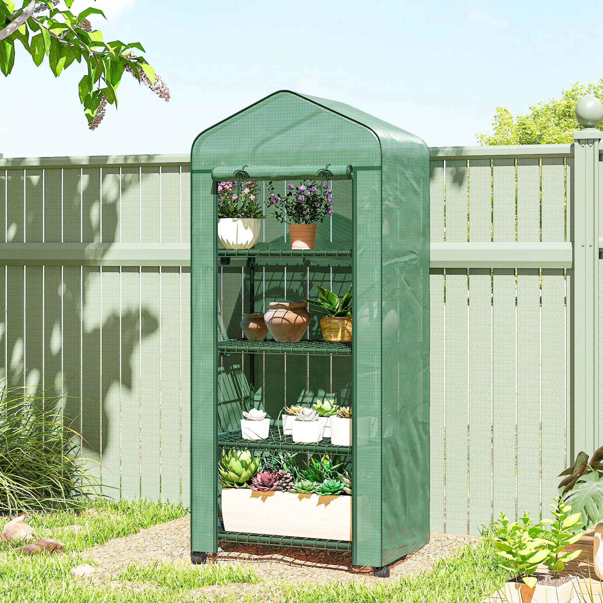 Portable Greenhouse, 4 Tier Shelves, PE Cover, Green - Image 8