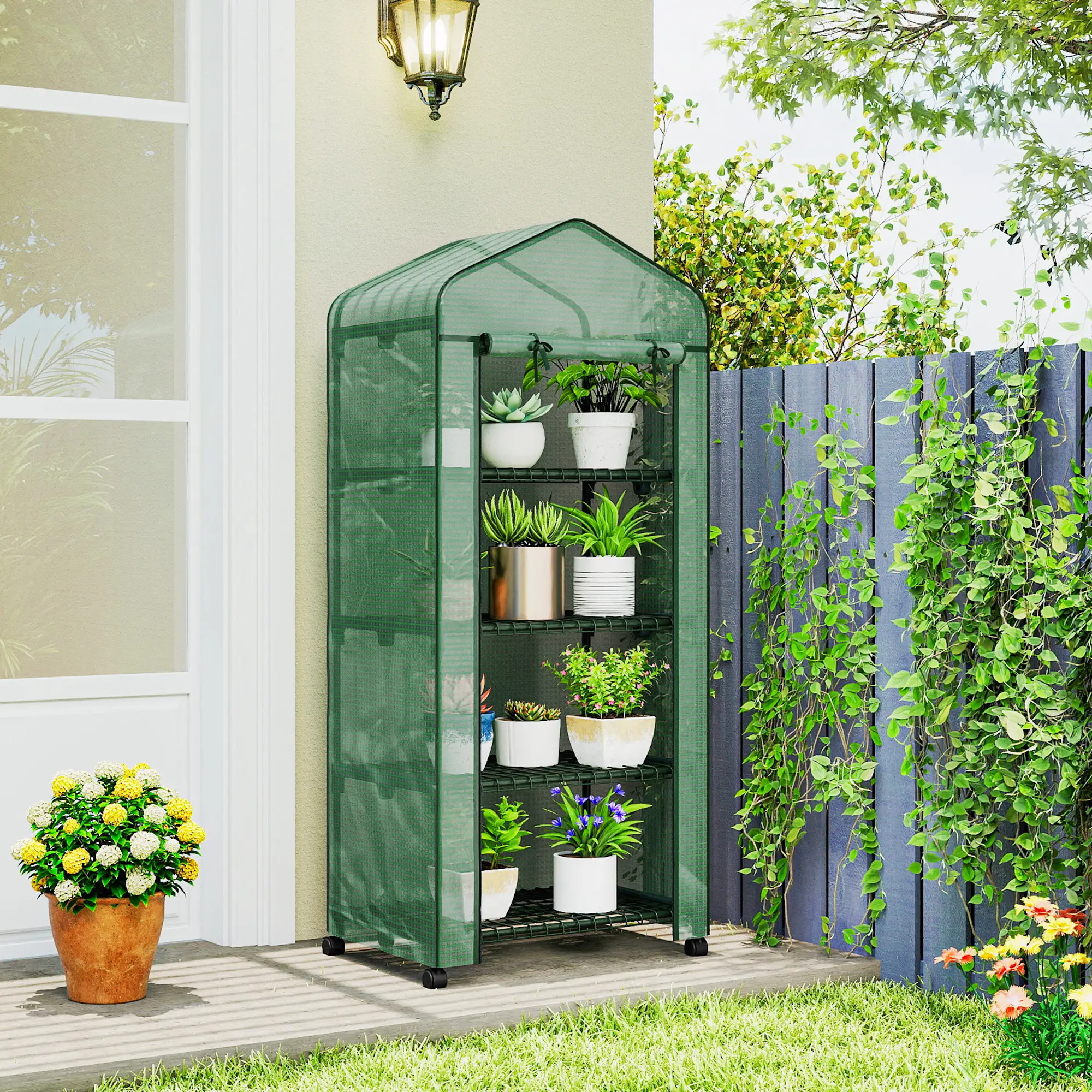 Portable Greenhouse, 4 Tier Shelves, PE Cover, Green - Image 9