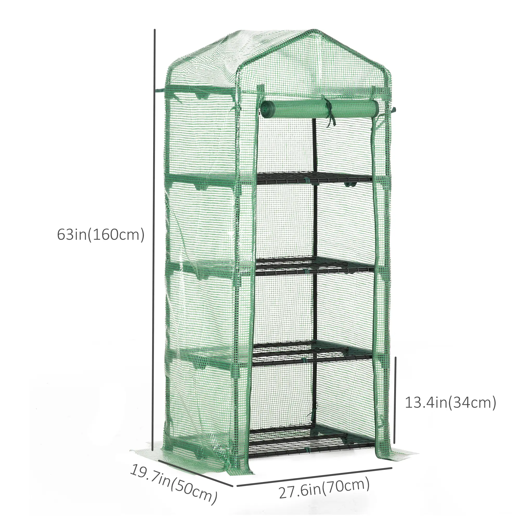Portable Greenhouse, 4 Tier Shelves, Steel Frame, PE Cover, Dark Green - Image 3