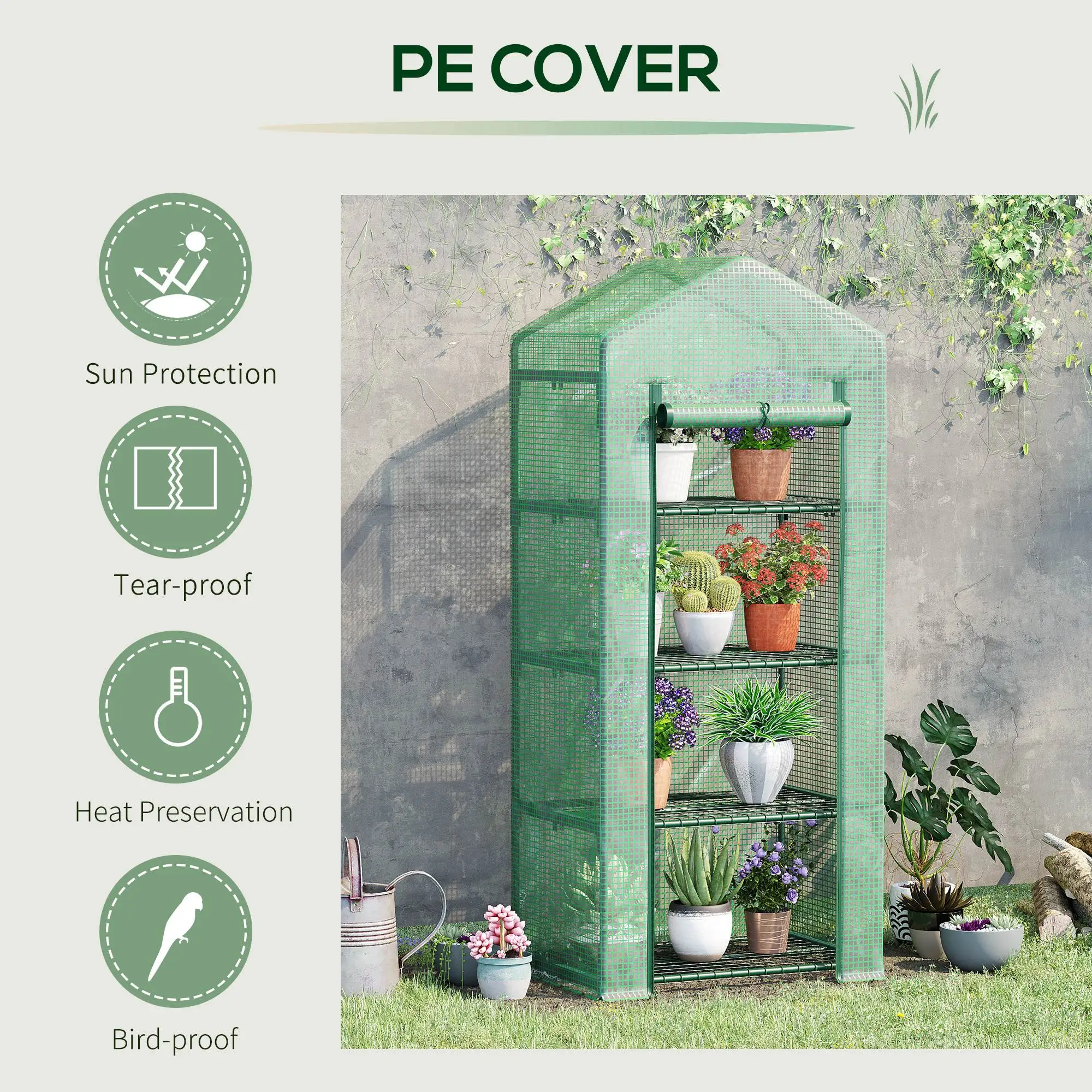 Portable Greenhouse, 4 Tier Shelves, Steel Frame, PE Cover, Dark Green - Image 5