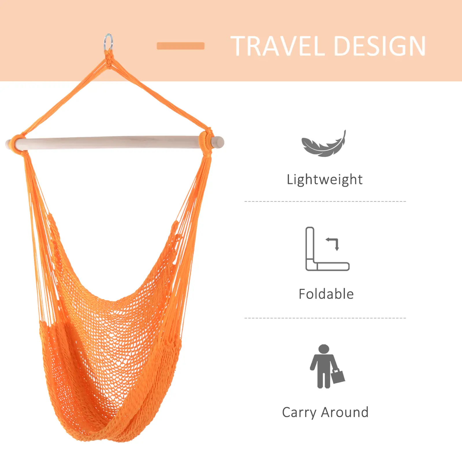 Portable Hammock Chair, Hanging Swing for Outdoor, Garden, Camping, Orange - Image 5