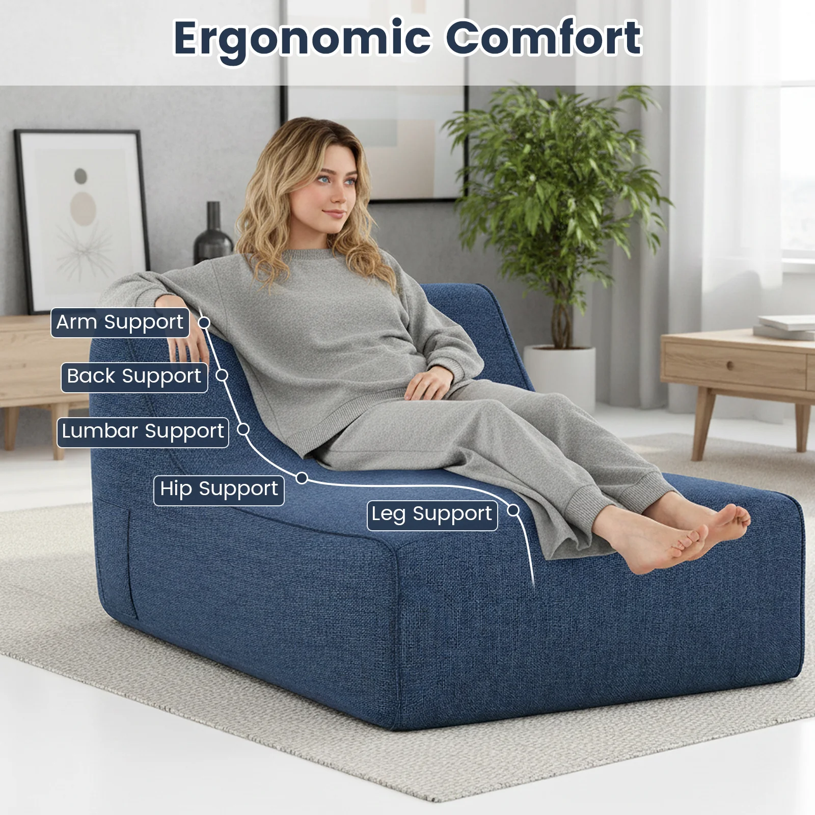 Portable L-Shaped Inflatable Lazy Sofa with Detachable Cover, Blue - Image 8