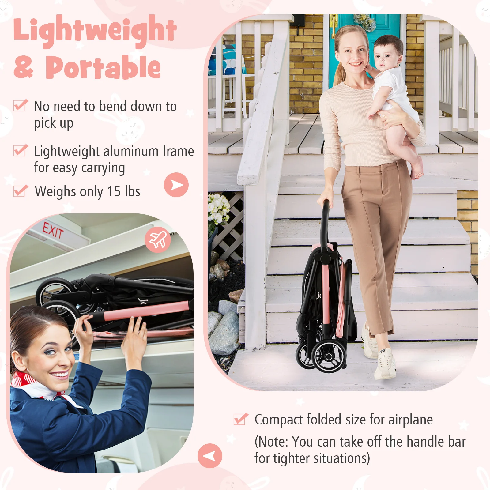 Portable Lightweight Stroller, Aluminum Frame, Pink - Image 10