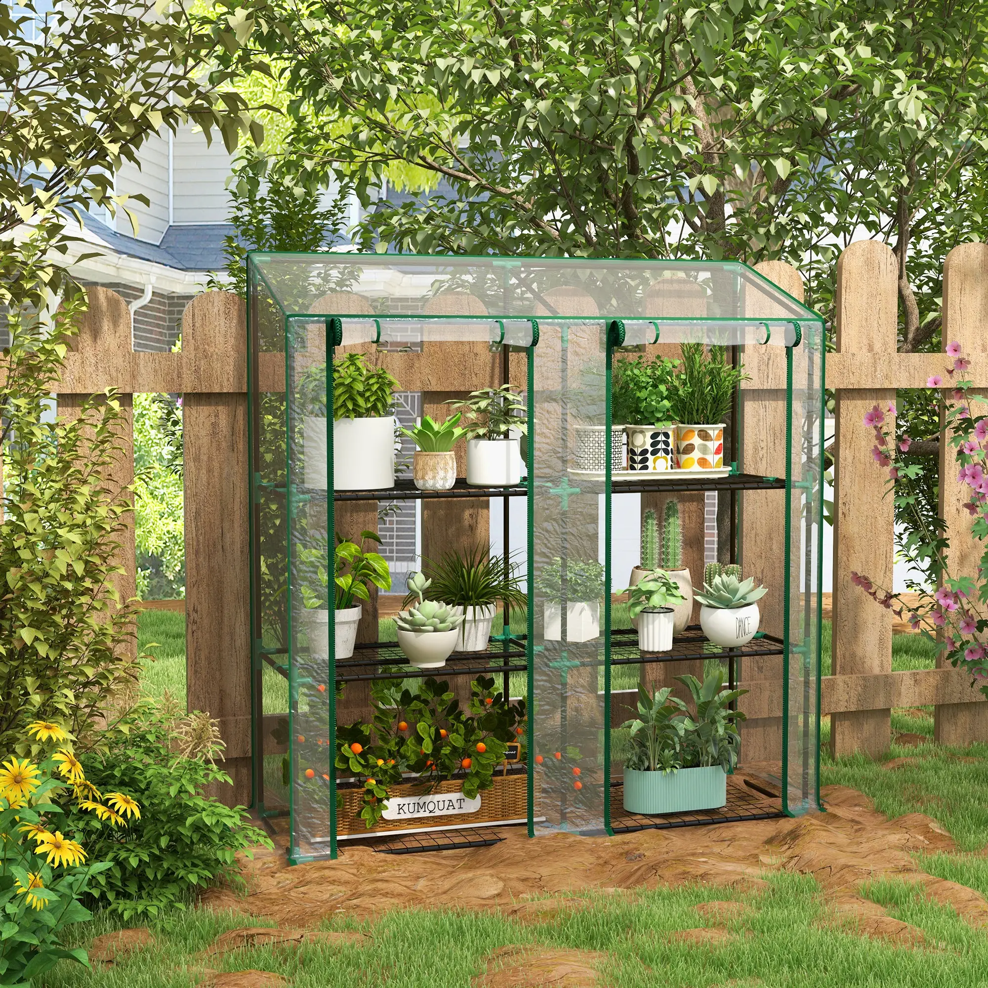 Portable Mini Greenhouse, 3 Tier Shelves, Reinforced Cover, 56.3" x 18.1" x 59.4" - Image 2