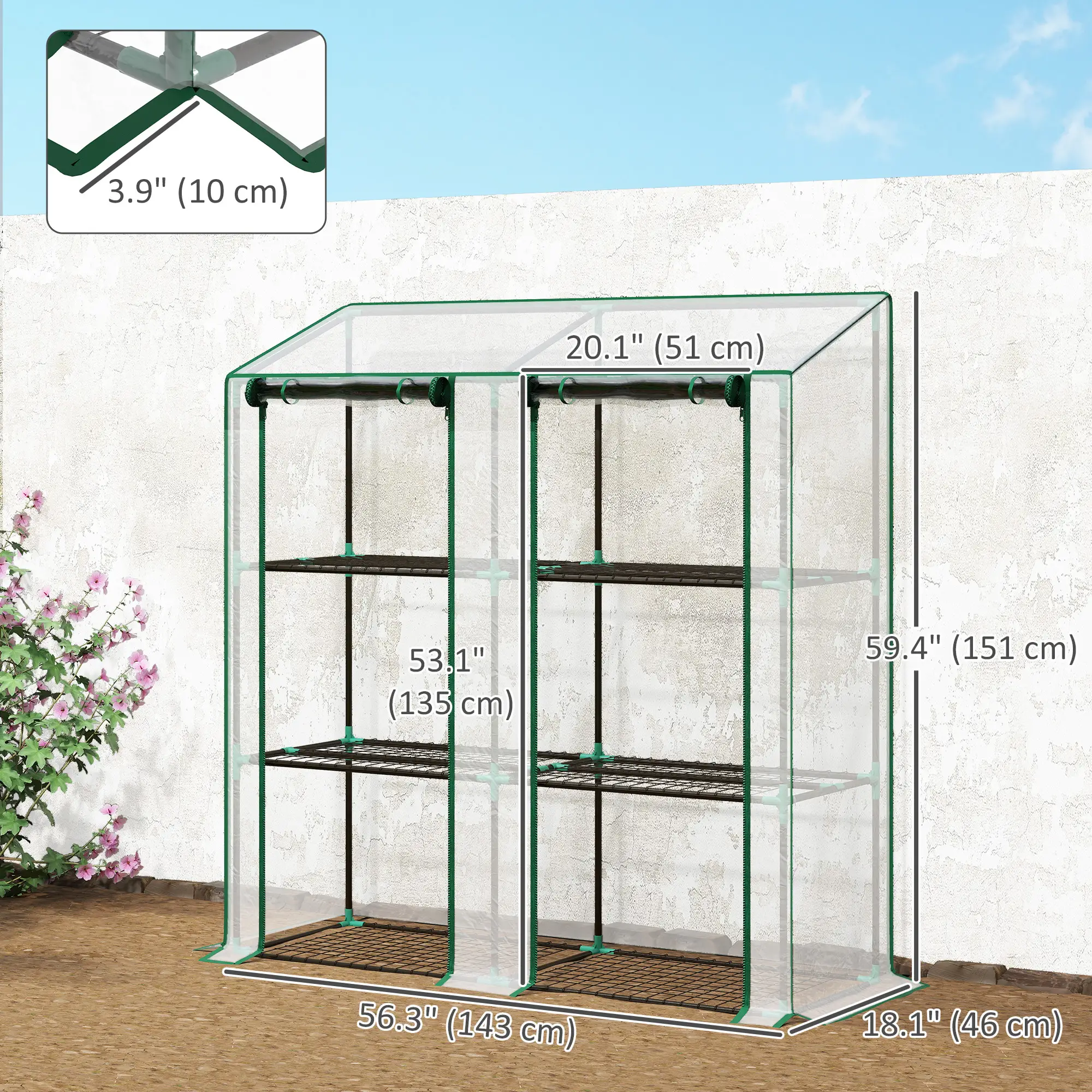 Portable Mini Greenhouse, 3 Tier Shelves, Reinforced Cover, 56.3" x 18.1" x 59.4" - Image 3