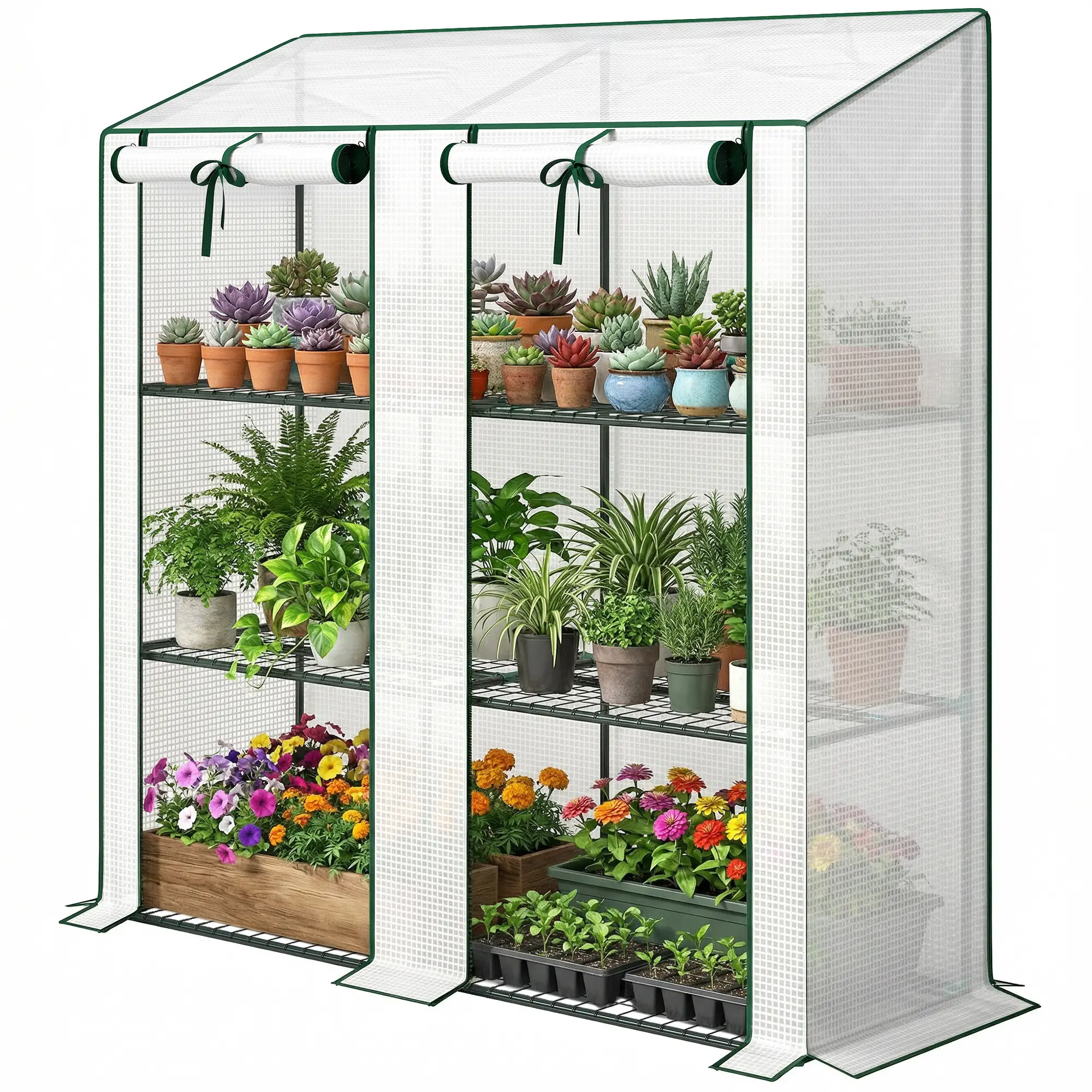 Portable Mini Greenhouse, 3 Tier Shelves, Reinforced PE Cover, 56.3"x18.1"x59.4", White