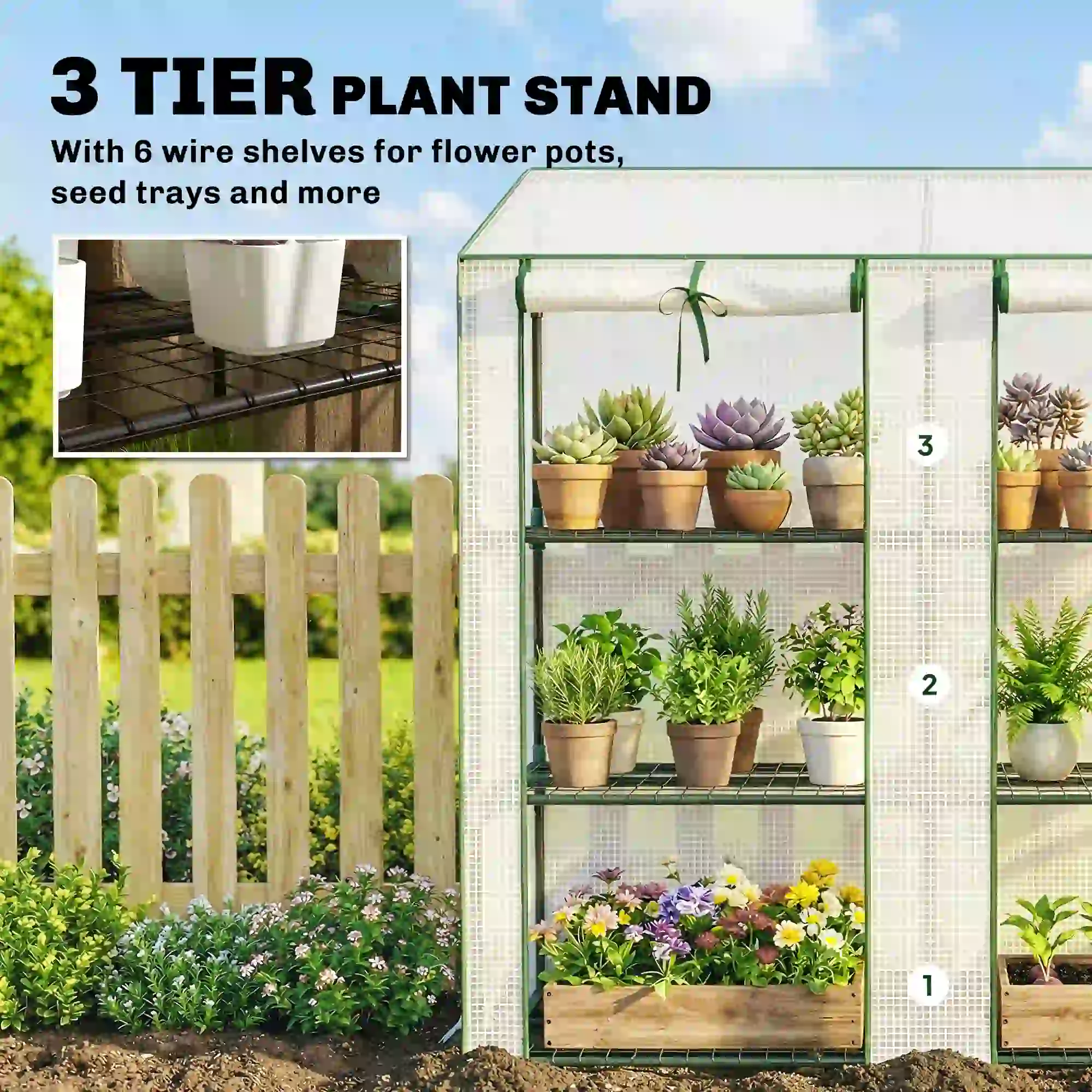 Portable Mini Greenhouse, 3 Tier Shelves, Reinforced PE Cover, 56.3"x18.1"x59.4", White - Image 5