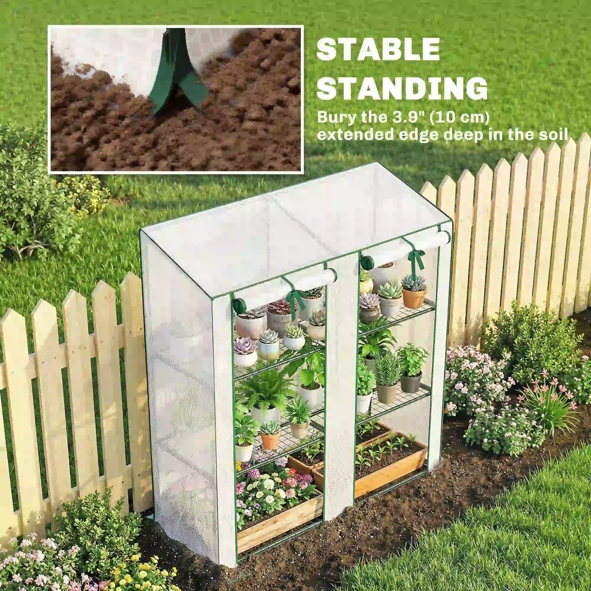 Portable Mini Greenhouse, 3 Tier Shelves, Reinforced PE Cover, 56.3"x18.1"x59.4", White - Image 7