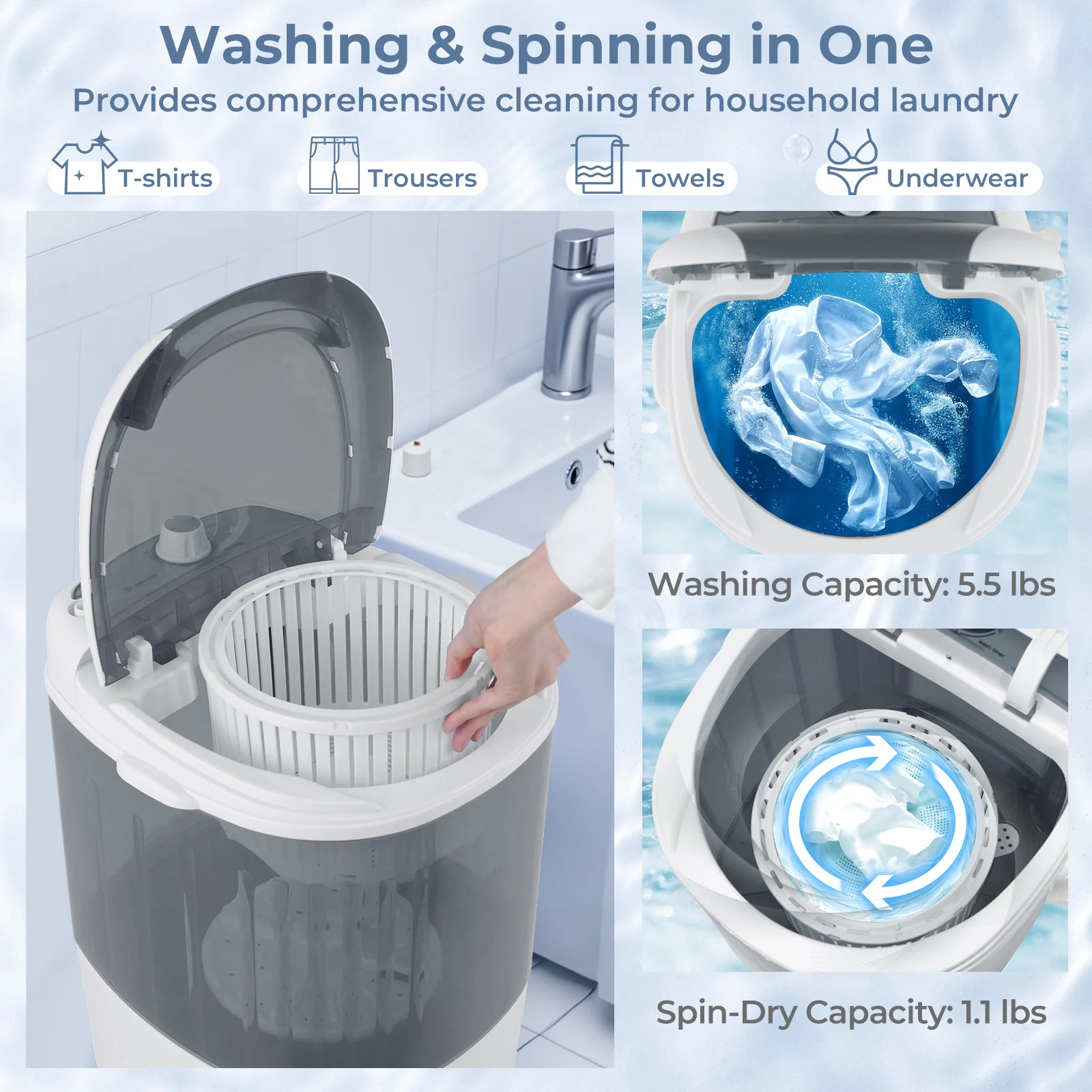 Portable Mini Washing Machine, Semi-Automatic Washer Spinner Combo, Gray - Image 10