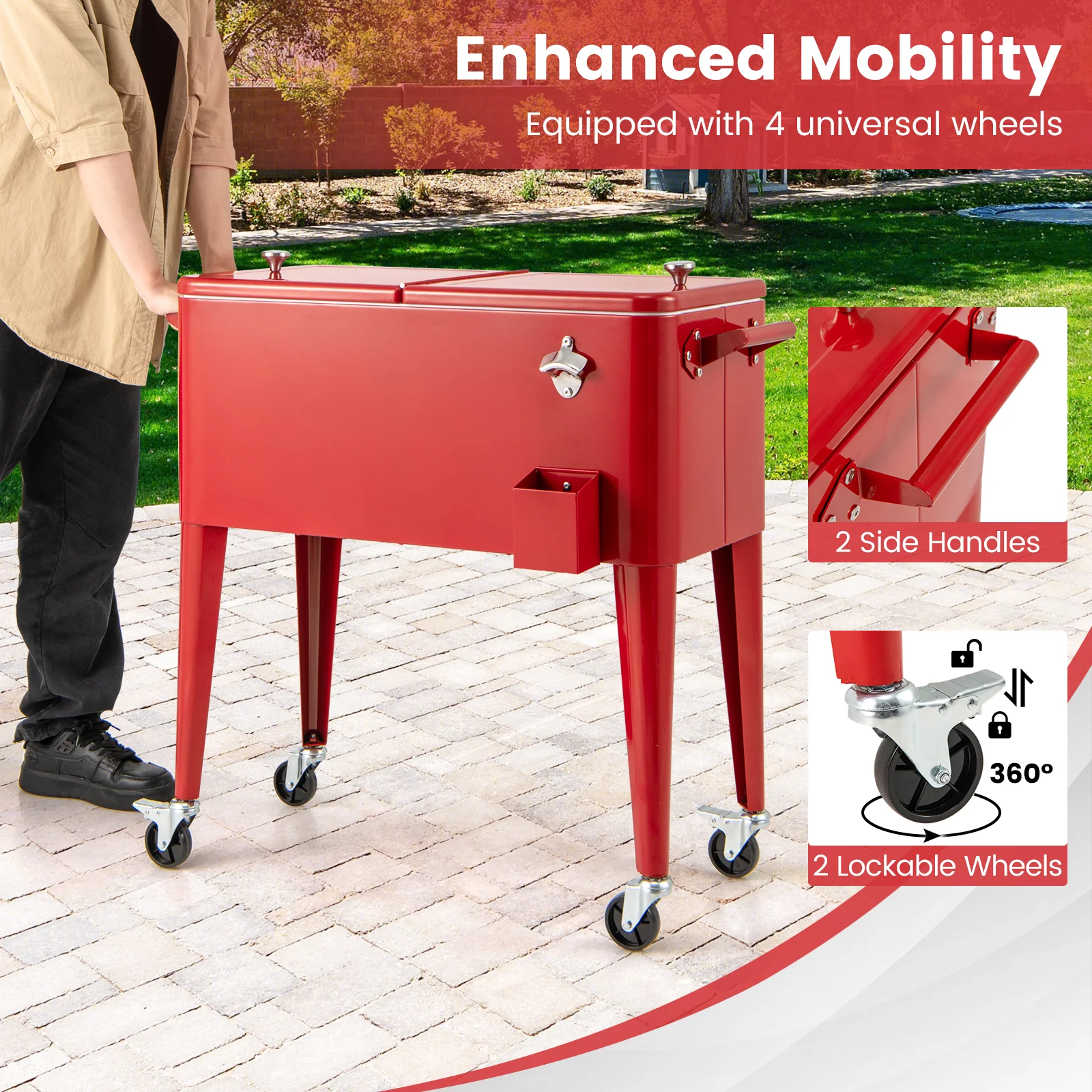 Red Portable Outdoor Patio Cooler Cart, Red - Image 10