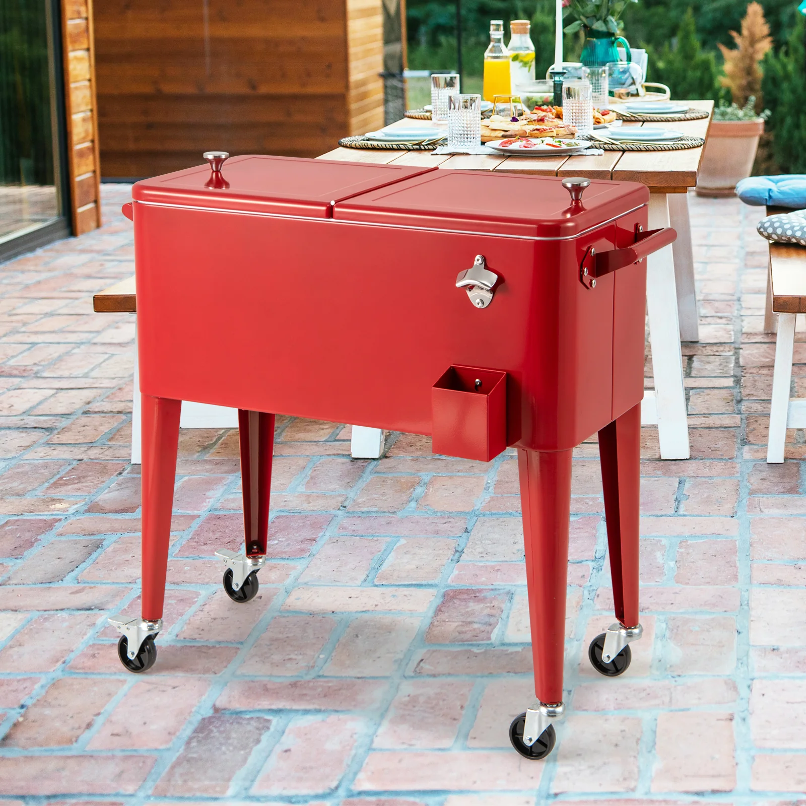Red Portable Outdoor Patio Cooler Cart, Red - Image 2